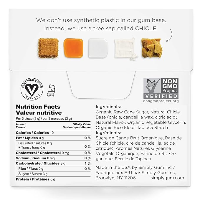 SIMPLY Gum Maple, Plastic-Free Natural Chewing Gum, 6 Pack (90 Pieces) | Vegan, Kosher, Non GMO, Aspartame Free and Sorbitol Free