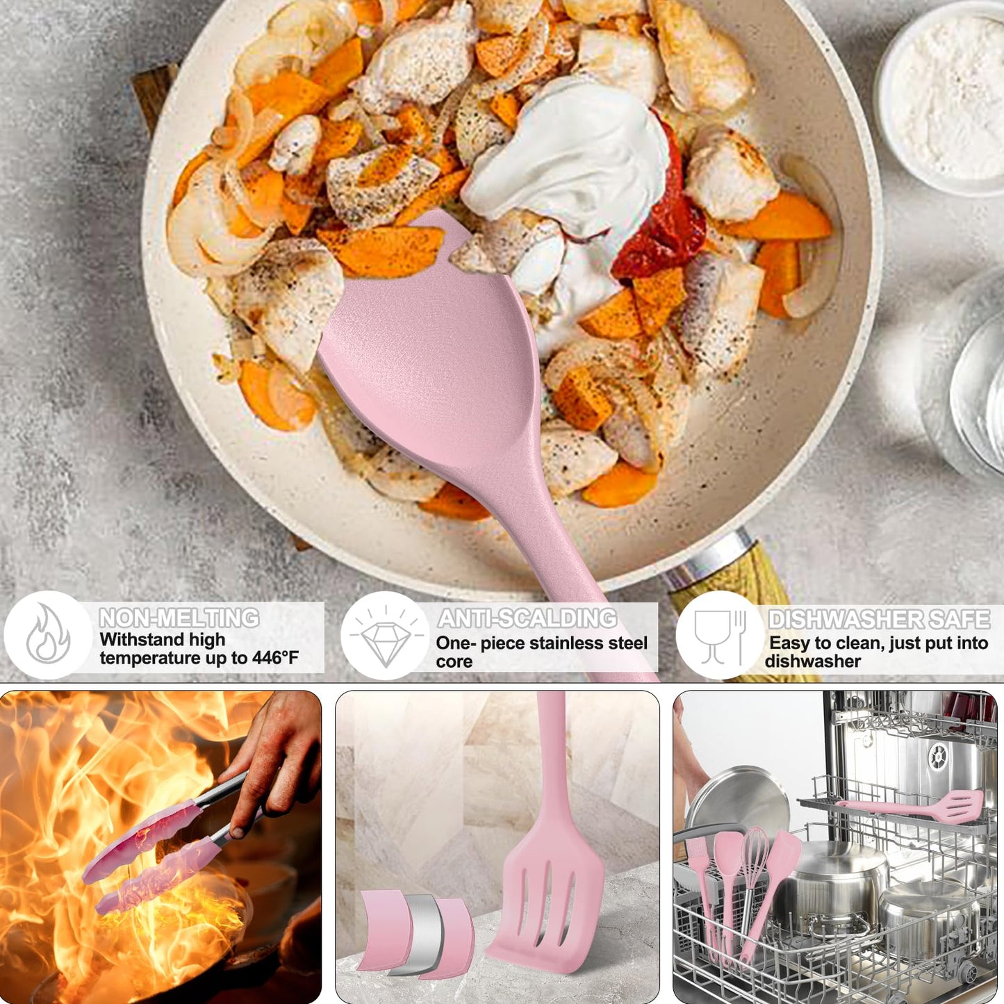 Umite Chef 22-Piece Silicone Cooking Utensils Set, Heat Resistant & Dishwasher Safe Kitchen Tools, Non-Scratch Spatula Set for Nonstick Cookware (Pink)
