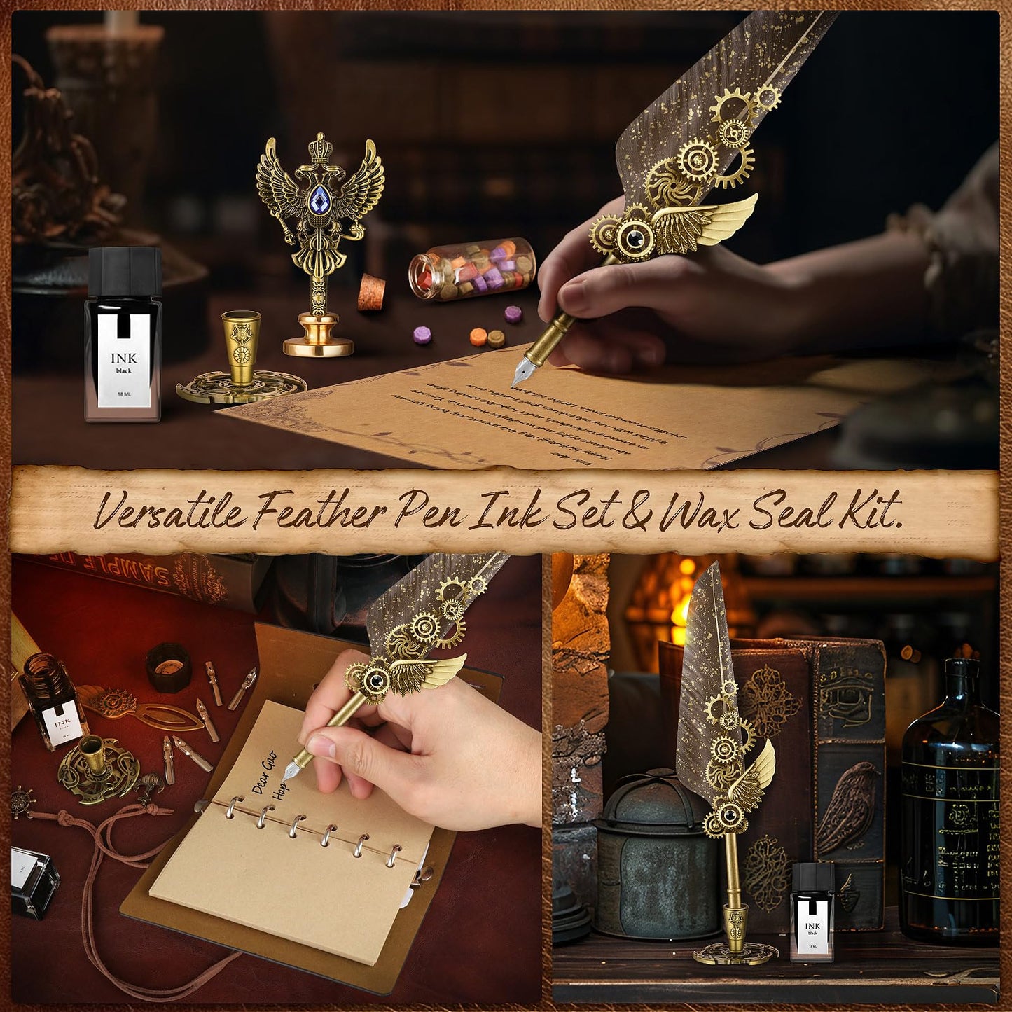 Quill Pen and Ink Set,Calligraphy Pen Set for beginners,Feather Pen Set with Leather Notebook,Pen Holder,5 Replaceable Nibs,Bookmark,Letter Writing Kit & Wax Seal Stamp Kit-Calligraphy Pens Gift Set