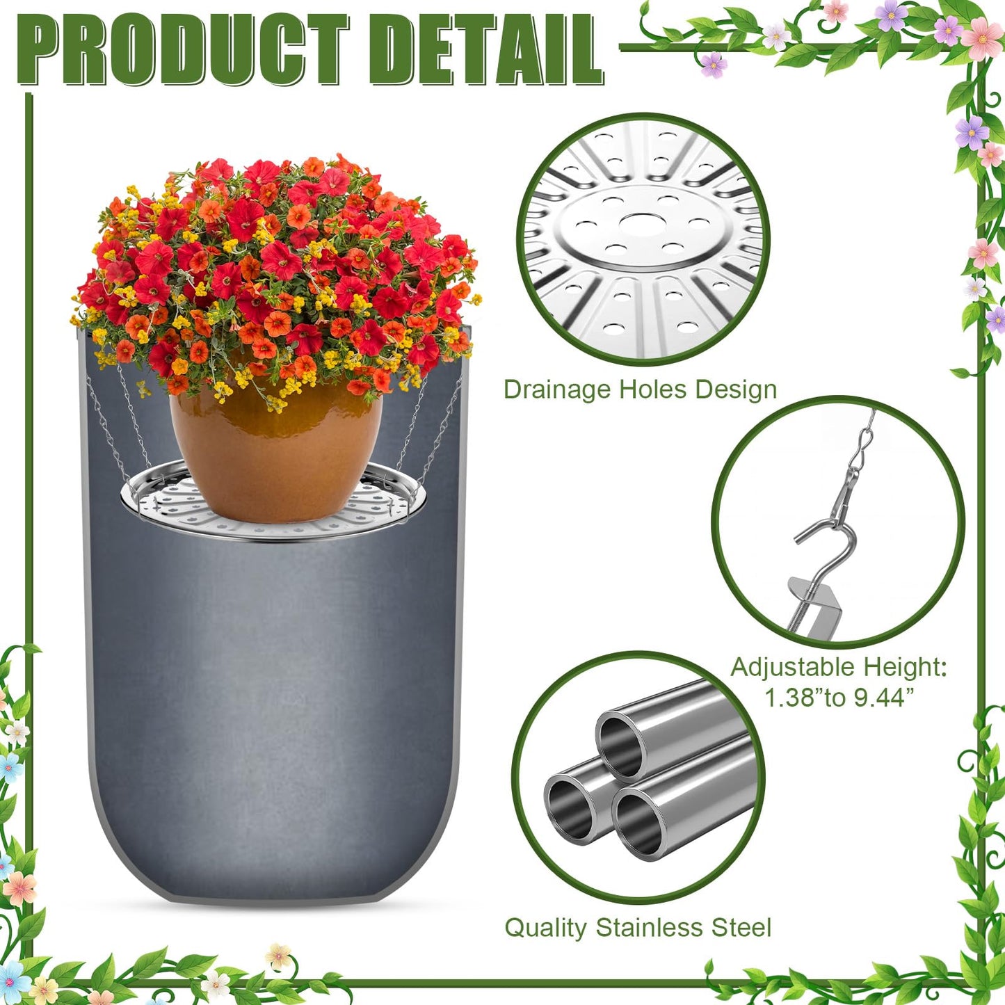 ElaraBerry 4 Set 11'' Adjustable Height Plant Inserts with Chain for Inside Pots Stainless Steel Plant Pot Insert Round Planter Filler Elevate Plants to Reduce Soil Usage for Large Tall Flower Pots