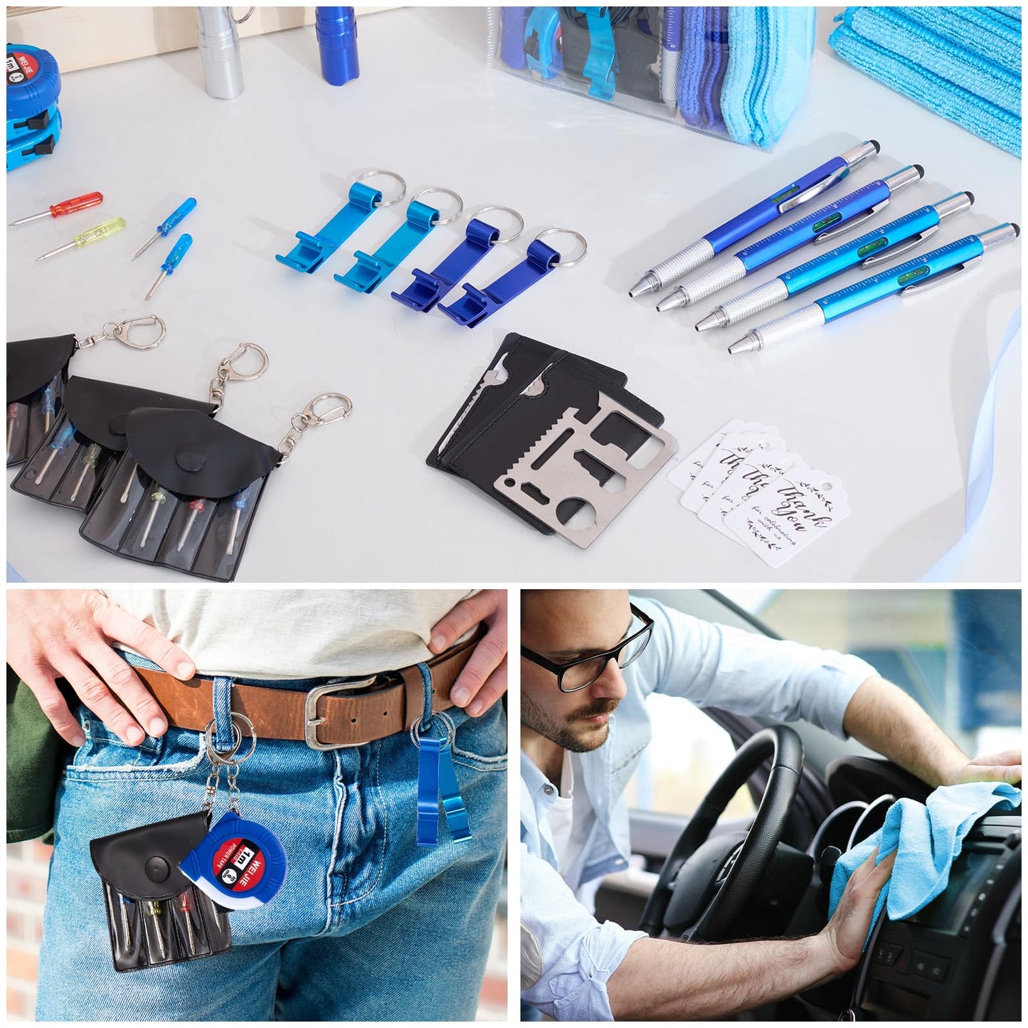 Wishfond 60PCS Baby Shower Prizes for Men 6 Set with Cleaning Cloth Bottle Opener Screwdriver Tape Measuring Keychain Multi Tool Pen Gift Bag Baby Shower Game Prizes for Winner Bachelor Party (Blue)