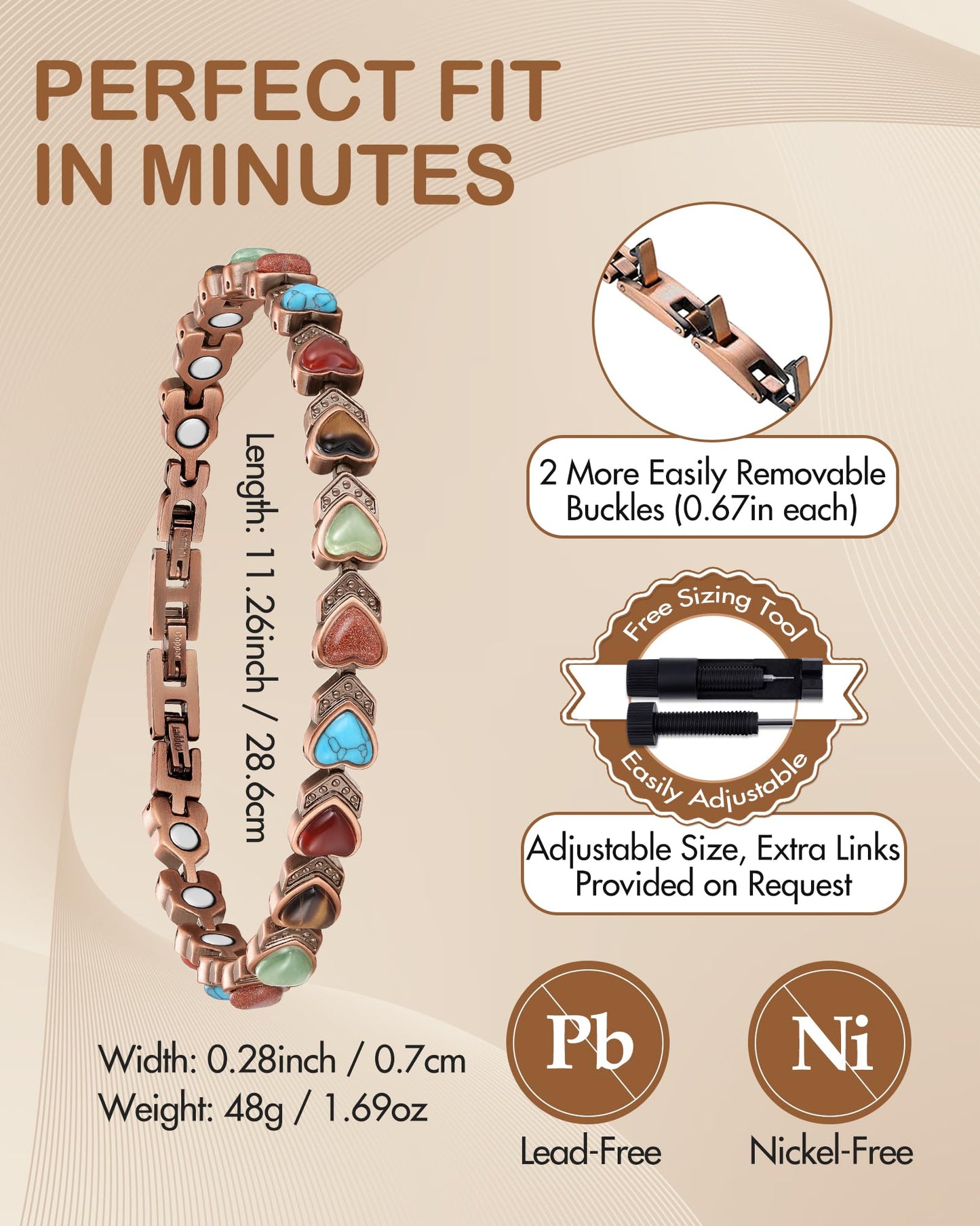 Feraco Copper Ankle Bracelet for Women, 99.99% Pure Copper Magnetic Anklet with 3800 Gauss Neodymium Magnet & Natural Stones, Adjustable with Sizing Tool