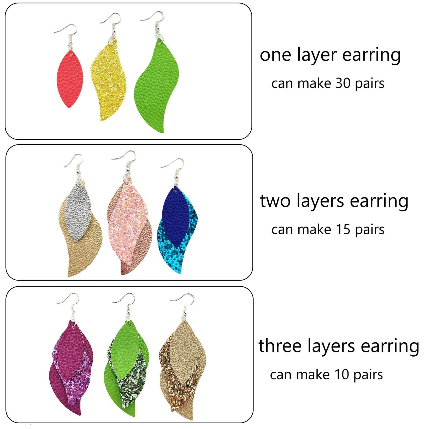 AOUXSEEM 181 Pcs Leaf Faux Leather Earrings Making Kit for Beginner, Contains 60 Pre Cut Lightweight Glitter Printed Synthetic Fabric Pieces and Hypoallergenic Hooks Jump Rings (Solid A)