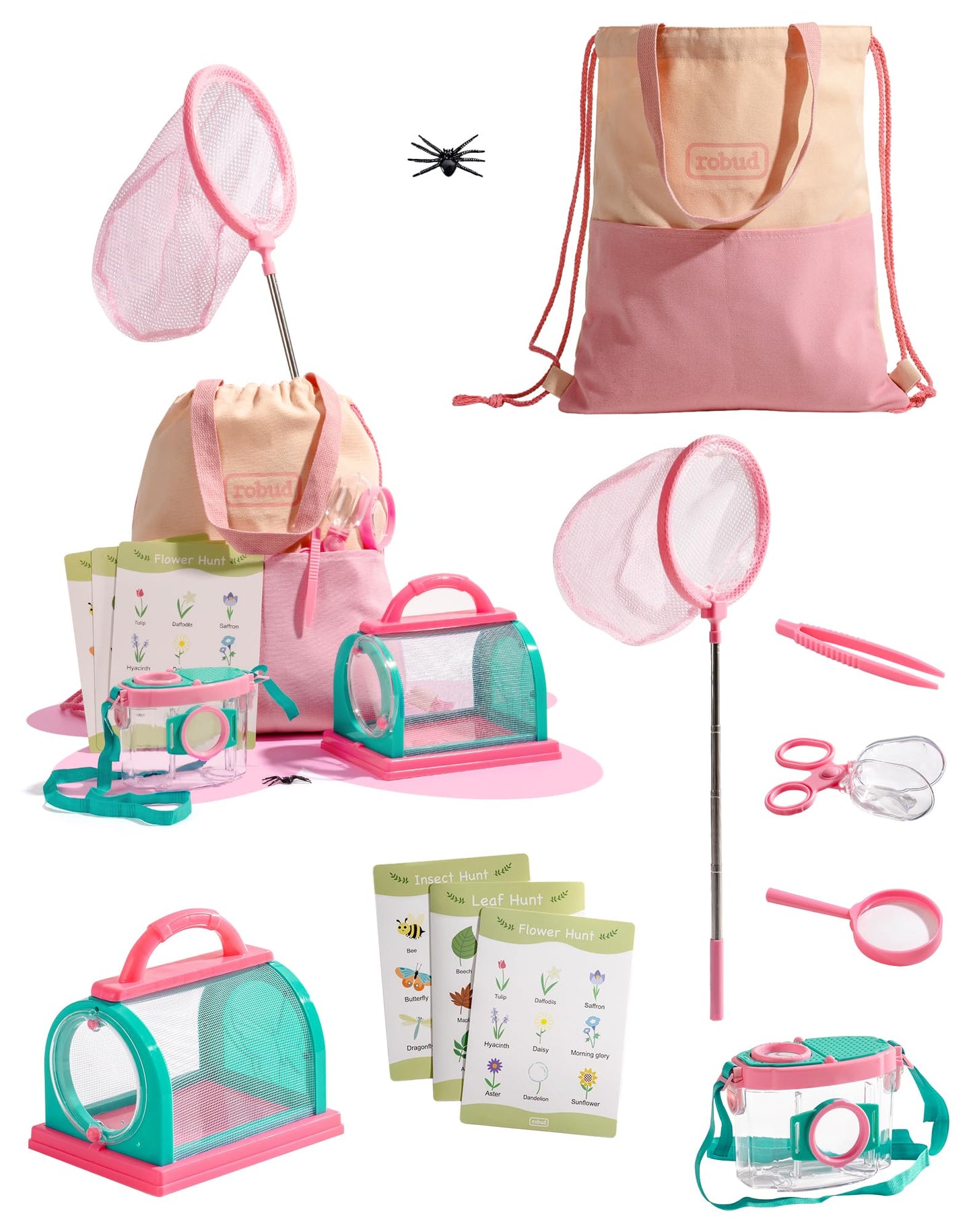 ROBUD Kids Explorer Kit, Bug Catcher Kit with Bag Kit, Pink Outdoor Exploration Set for Camping, Montessroi Toy for Kids Coming Closer to Nature，WRP28