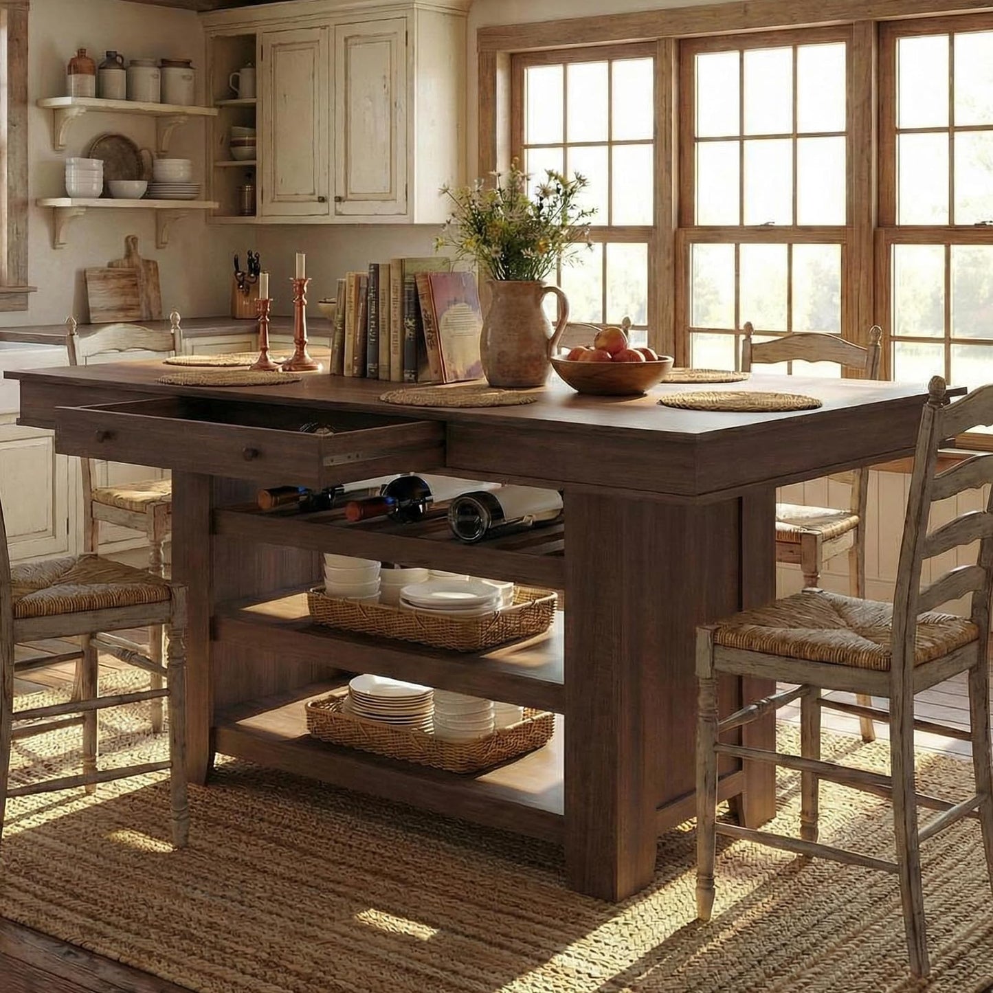 Garvee Counter Height Dining Table with 2 Drawers, 36" Farmhouse Wooden Large Bar Kitchen Table with Wine Rack & 3 Shelves, Rectangular, Thick Frame for Kitchen, Bar & Entertaining, Retro Brown