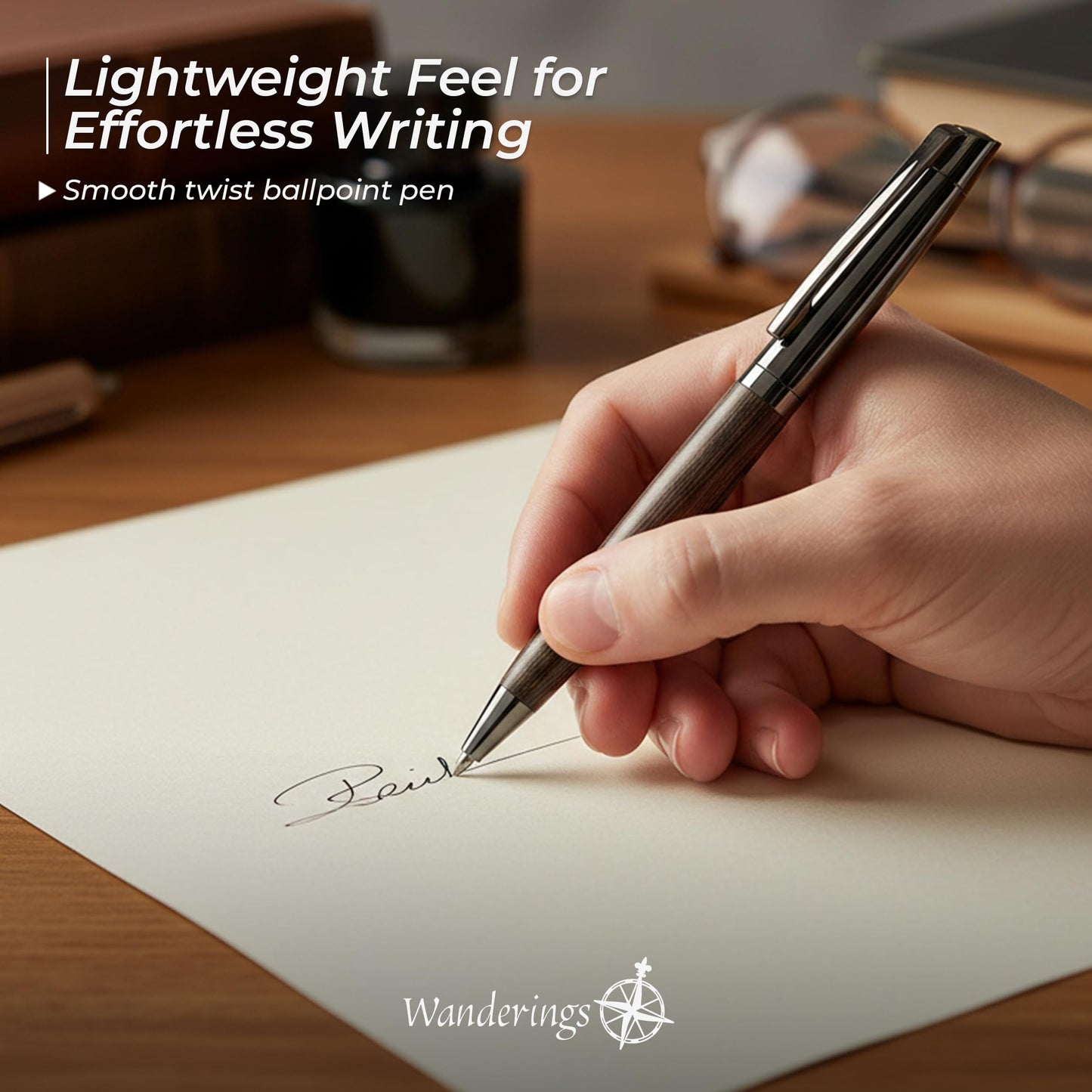 WANDERINGS Ballpoint Pen with German Ink – Beautifully Balanced for a Smooth Writing Experience - Light Brown and Real Wood Barrel - Includes 2 Refills in a Presentation Case