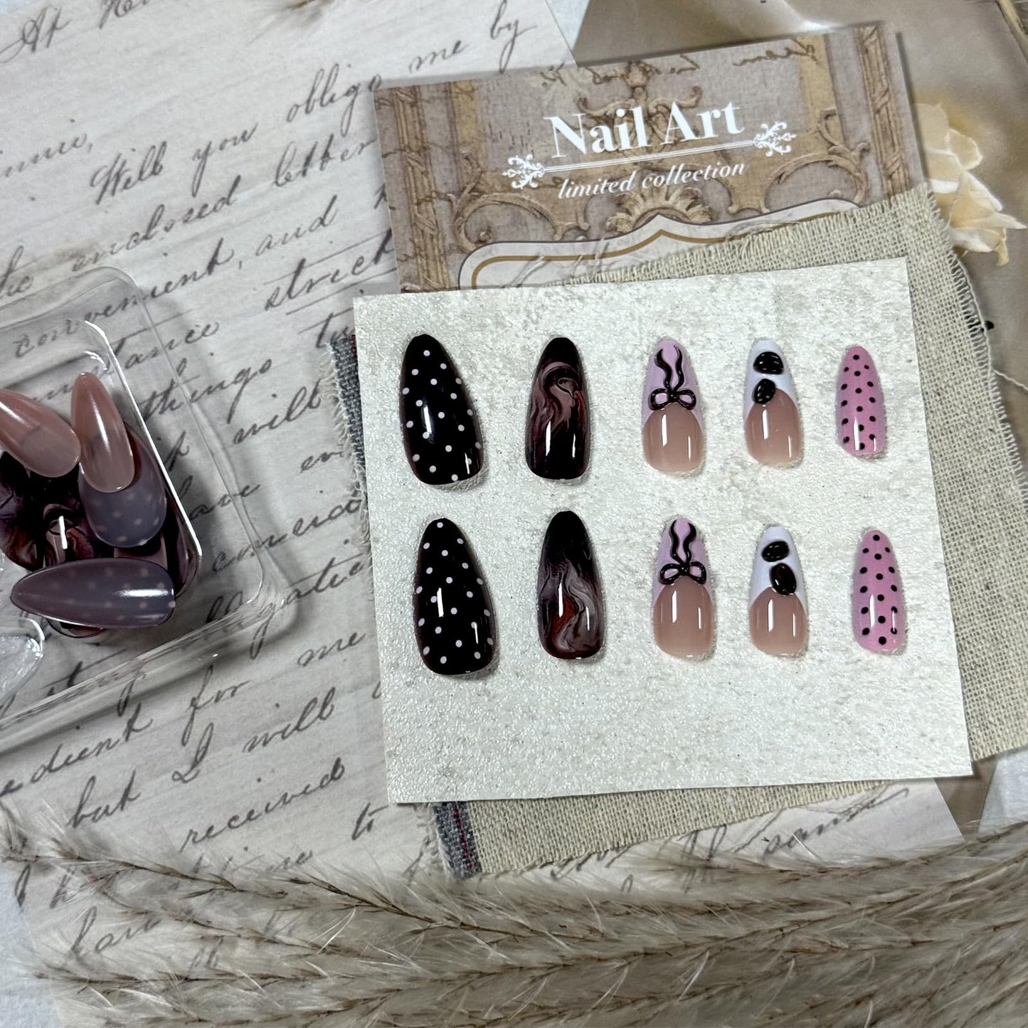 IMRAIN Press on Nails Medium Almond Fake Nails - 3D Bow, Coffee Bean, Polka Dot Design | Pink Brown Glossy Acrylic False Nails Cute French Tip Glue on Nails for Women