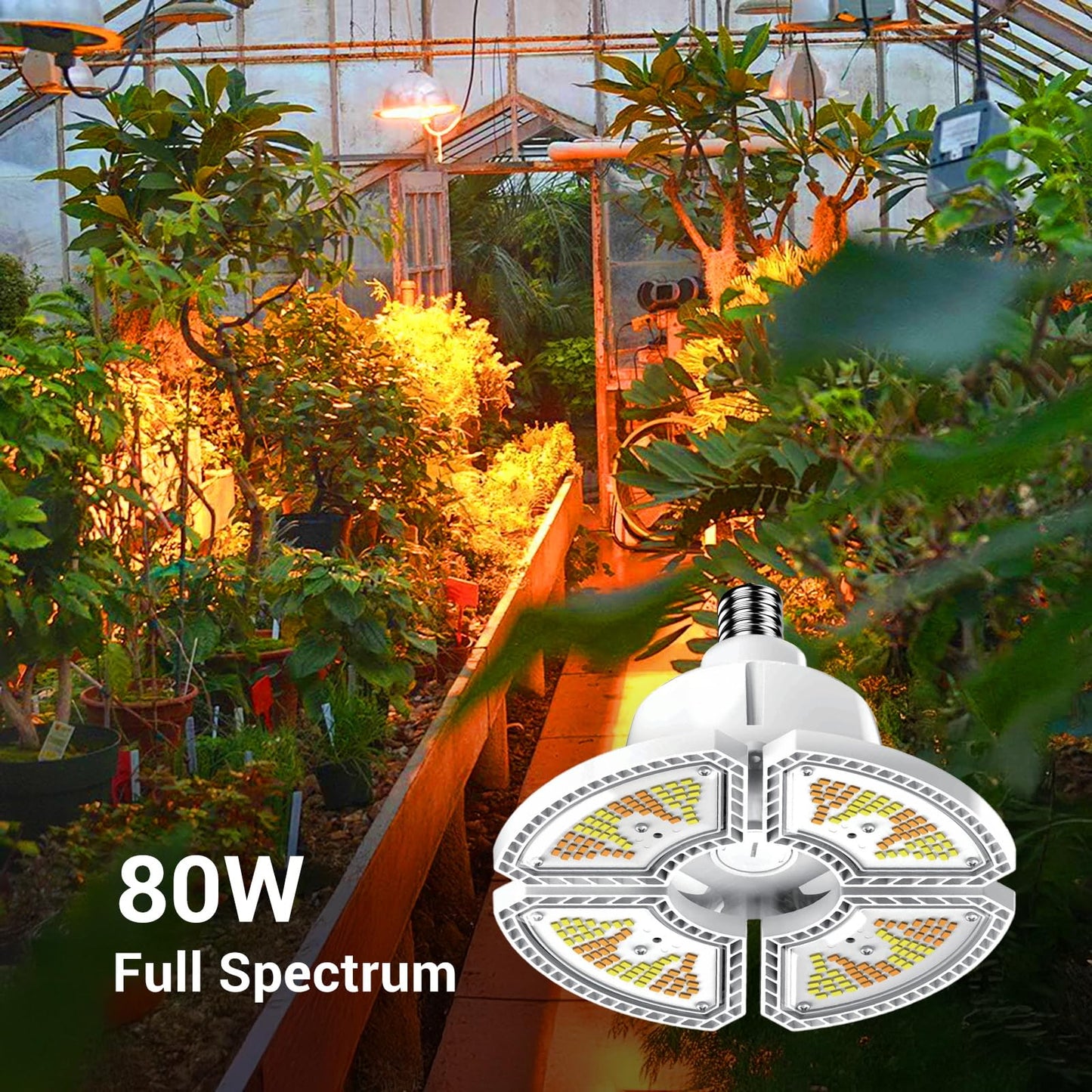 RDJ Bouns 80W Hanging Grow Light for Indoor Plants, High PPFD Full Spectrum Pendant Plant Light with Adjustable Pulley & 4 Foldable Panels, Built-in 4/8/12H Auto Cycle Timer,16.4ft Power Cord, Plug-in