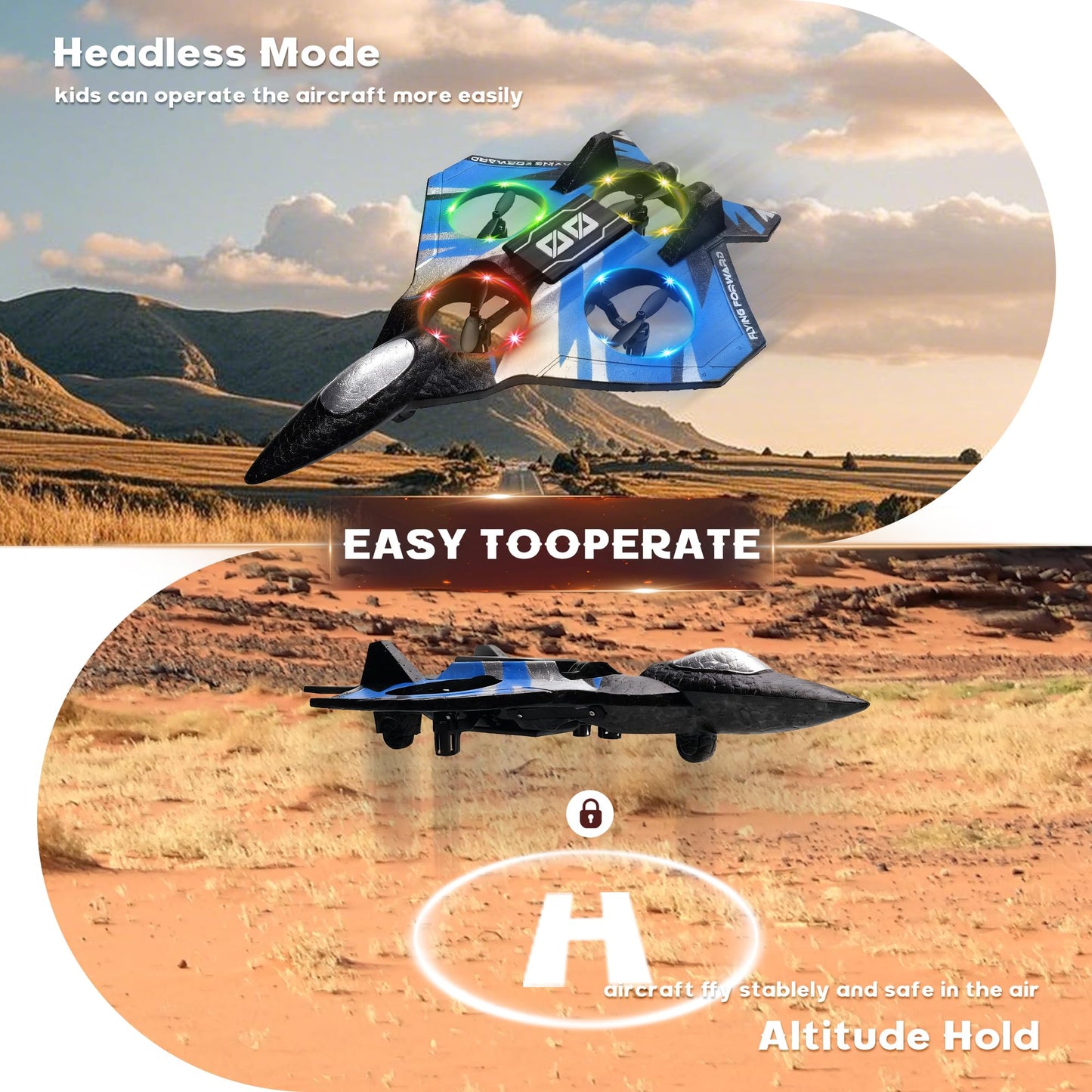 LEFEI Remote Control Airplane Drone with Light for Kids Adults,360° Flip Fighter Jet Helicopter Toys,Stunt Roll Planes Gifts for 6+ Boys (Blue)