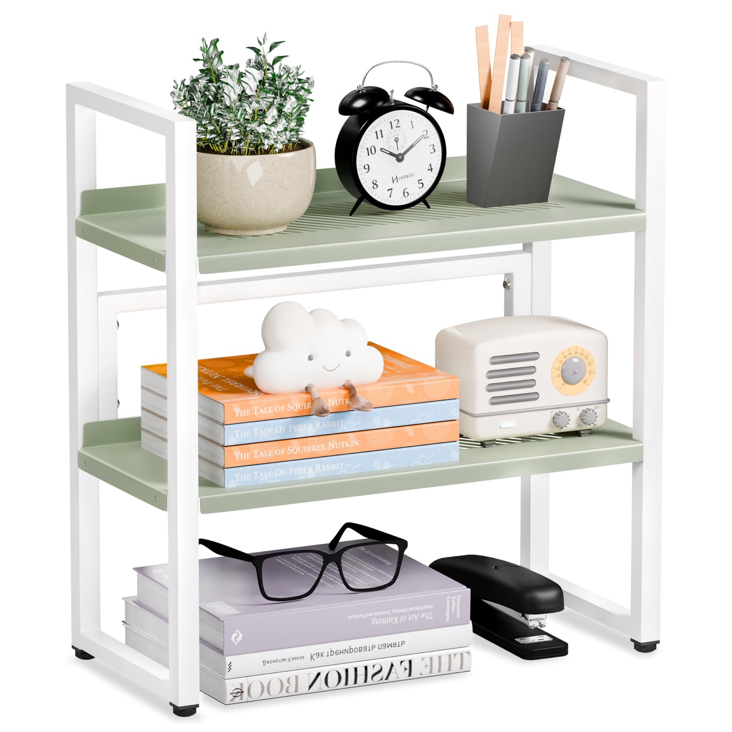 Brakki Desk Shelf Organizer, Adjustable 2 Tier Metal Desktop Shelves, Desktop Bookshelf Organization with Foot Mat, Multi-Functional Small Storage Rack for Office Dorm Home, White and Green