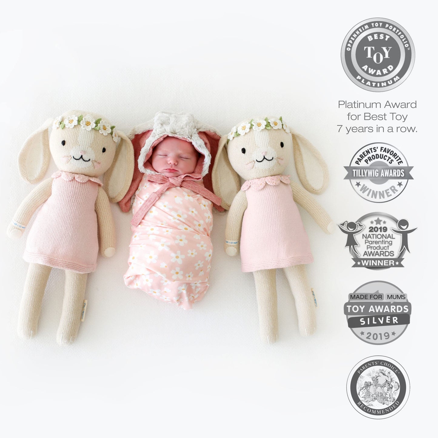cuddle + kind Hannah The Bunny Blush Regular 20" Hand-Knit Doll – 1 Doll = 10 Meals, Fair Trade, Heirloom Quality, Handcrafted in Peru, 100% Cotton Yarn