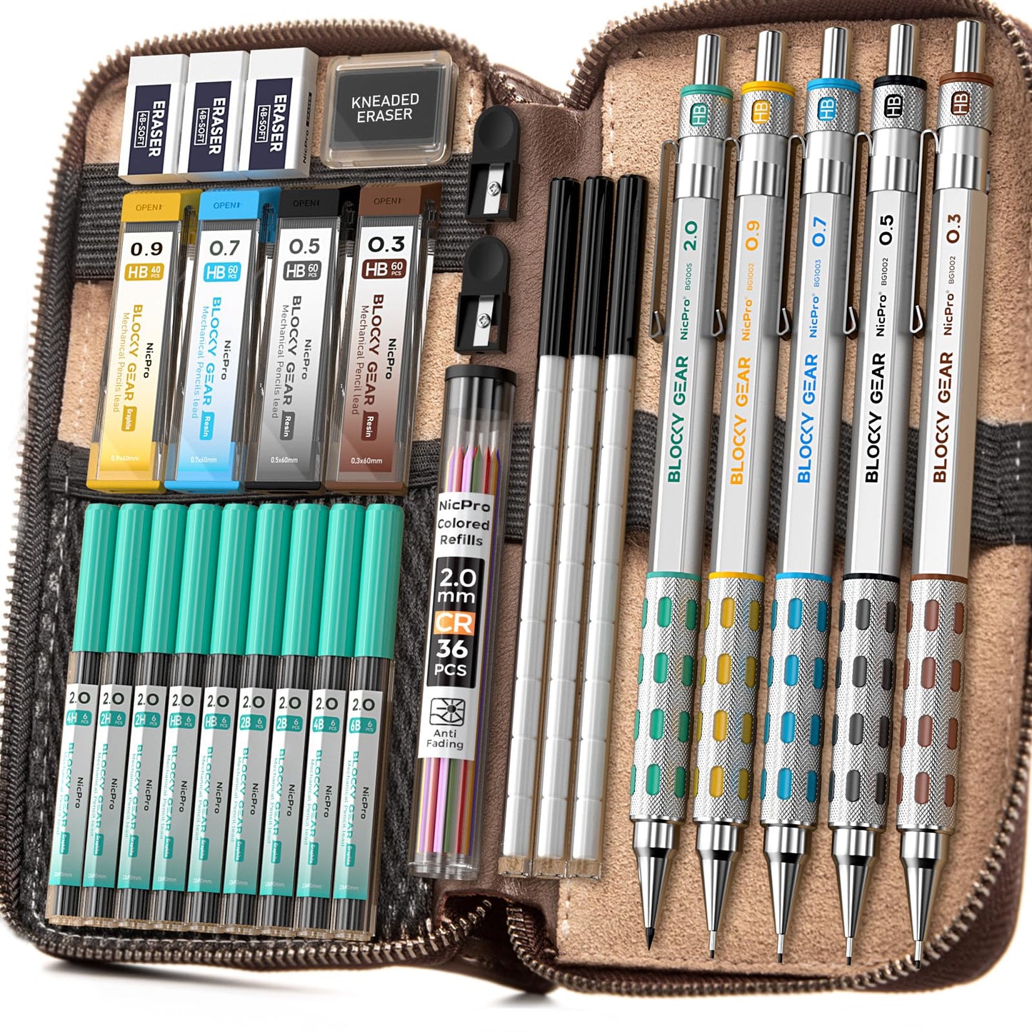 Nicpro Blocky Gear Metal Mechanical Pencil Set in Leather Case, 29PCS Art Drafting Pencils 0.3, 0.5, 0.7, 0.9&2mm Lead Pencil with 330PCS Lead (HB 2H 4H 2B 4B 6B Color) For Writing Sketching Drawing