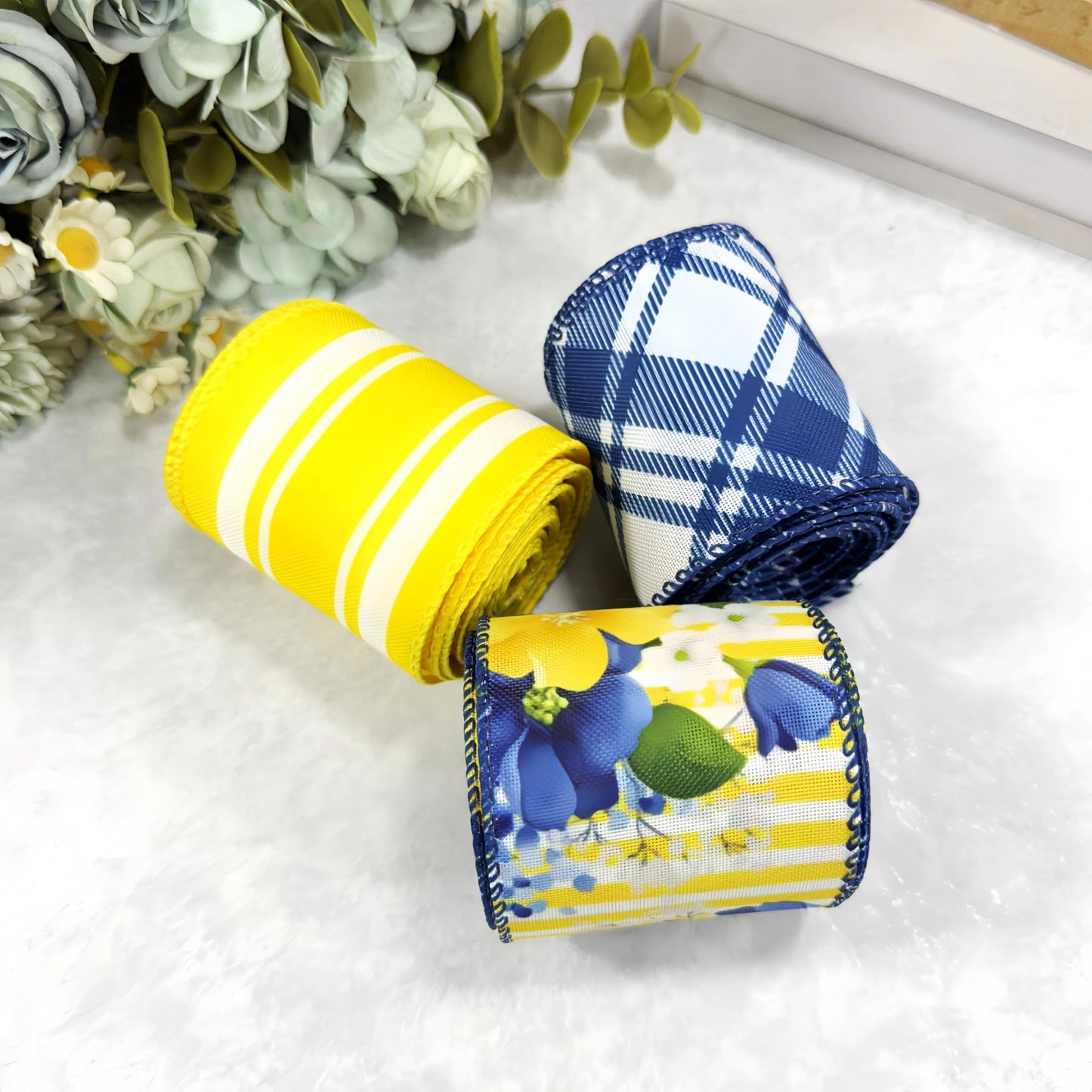 Spring Summer Blue Floral Wired Ribbon, Retro Yellow Blue Flower Ribbon for Bow Wreath Making DIY Gift Wrapping, Holiday Wedding Birthday Party Decorations, 3 Rolls, 2.5Inch,12 Yards (Blue)