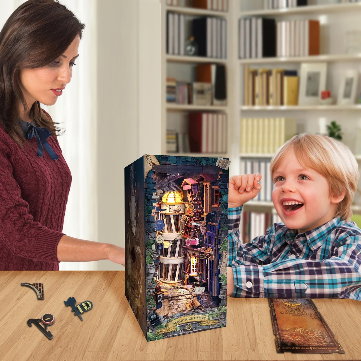 Book Nook with LED Light - 3D Puzzles for Adults, DIY Miniature House Kit, Exquisite Bookshelf Decor, Book Shelf Decor, Perfect, Dollhouse Magic Book Nooks-Magic Night Alley