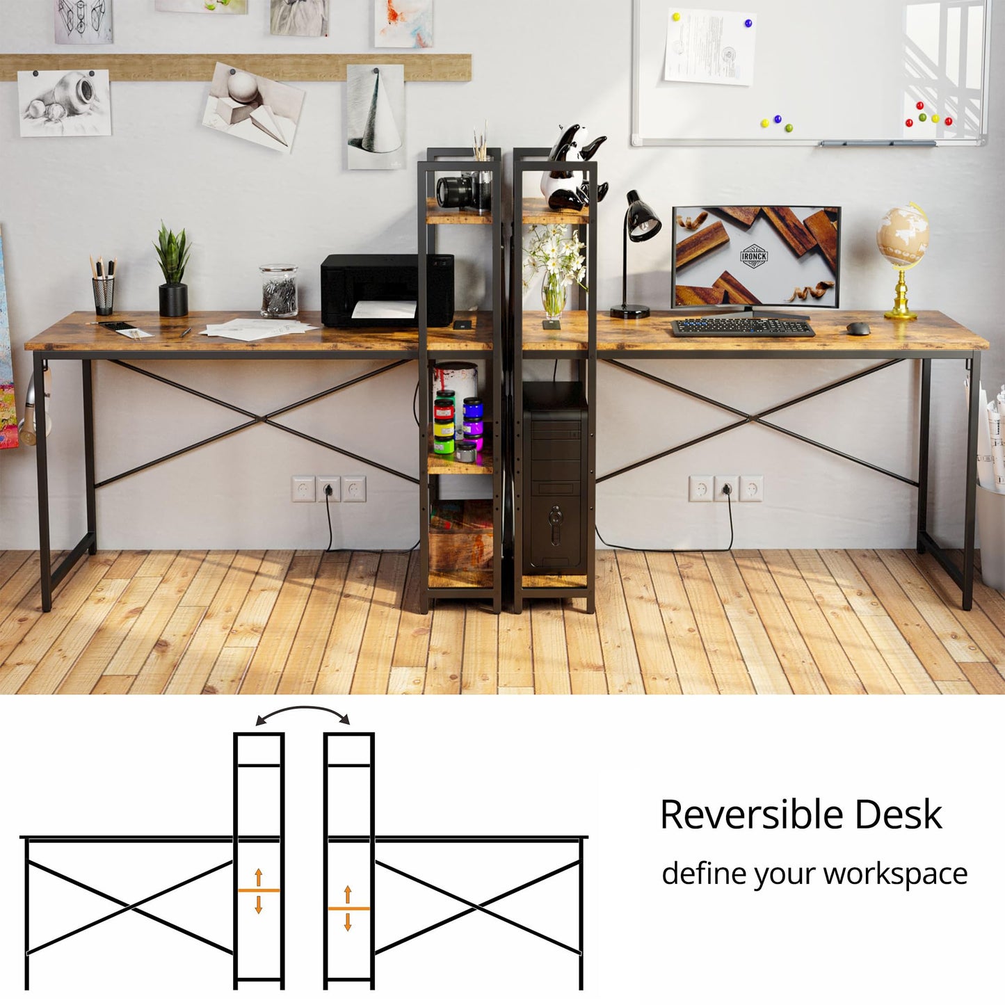 IRONCK Computer Desk 55" with Power Outlet and Storage Shelves, Study Writing Table with USB Ports Charging Station, PC Desk Workstation for Home Office, Rustic Brown