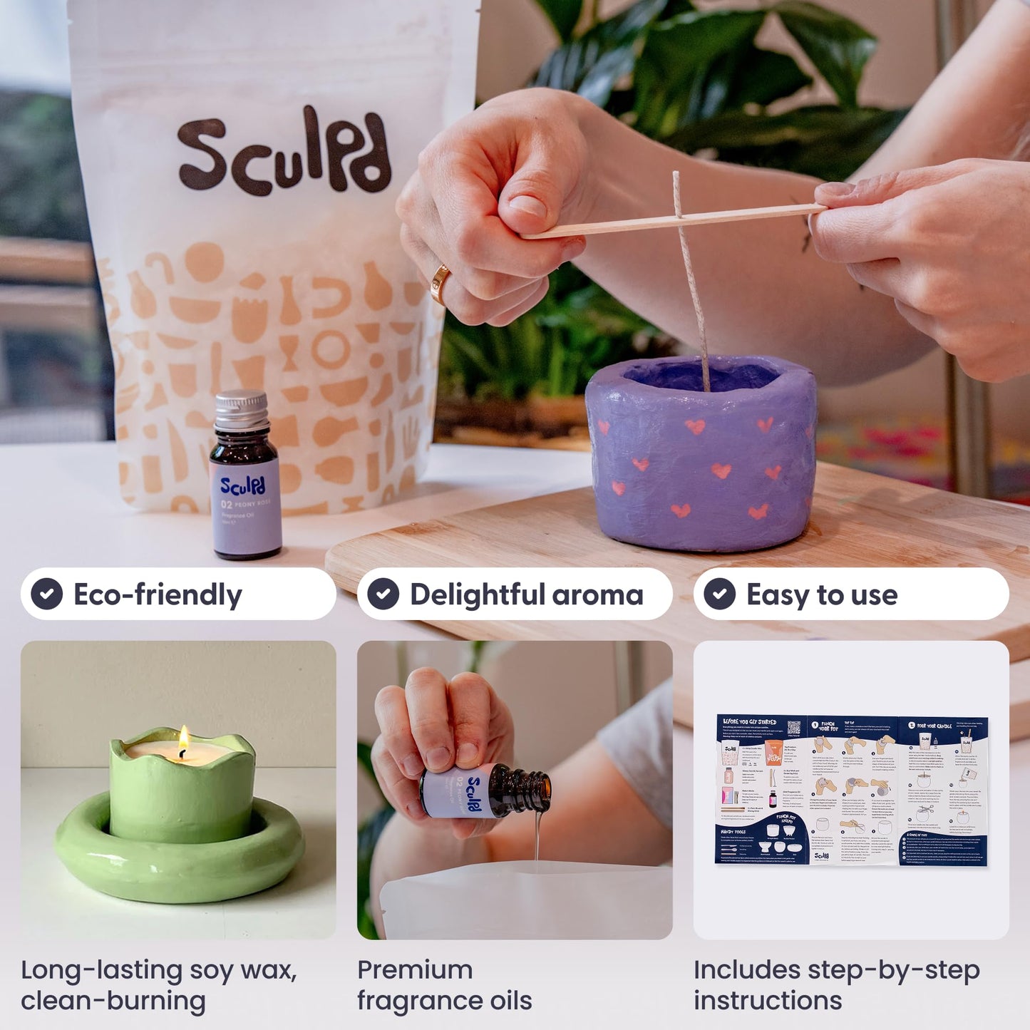 Sculpd Candle Making Pottery Kit for Adults with Air Dry Clay and Acrylic Paint Set, Non-Toxic Eco Soy Wax, Scented Fragrance Oil, Candle Glaze, Tools & Guide, 2 Candles, Peony Rose