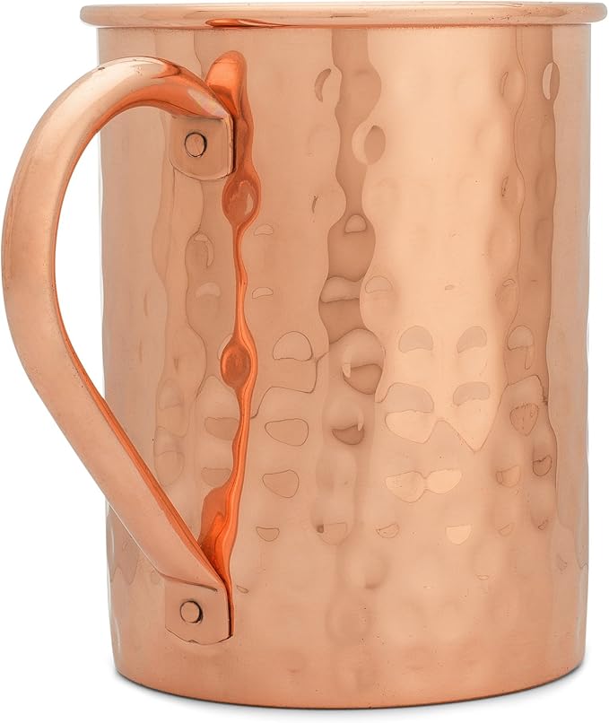 Copper Mules PURE Copper Mug RAW Copper Interior Ideal for Ayurvedic Health Benefits and Moscow Mules - Hand Hammered Finish - Authentic and Strong Riveited Handle - Holds 16oz