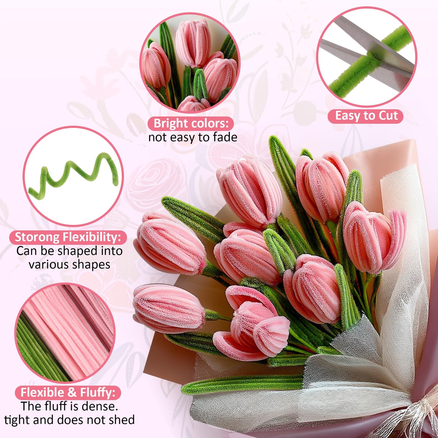 EARLY MINDS 500 Pcs Pipe Cleaners Craft Kit for Flower Making, DIY Bouquet Set with 8mm Chenille Stems, Step-by-Step Tutorial, Floral Wire, Ribbon & Tools for Handmade Gifts and Decor, Pink