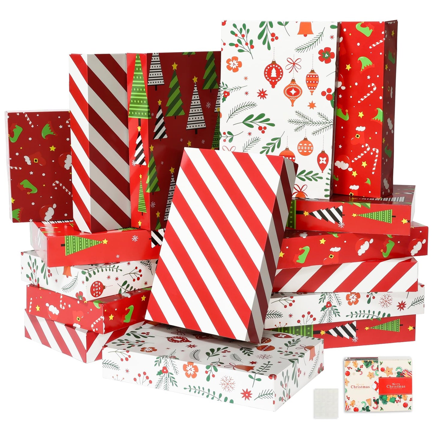 joyhalo 16 Pcs Christmas Gift Boxes with Lids for Presents Bulk 14.5" x 9.5" x 2.5" Large Gift Boxes for Clothes, Wrapping Xmas Robe, Shirt, Goody for Christmas, Birthdays, Wedding, 4 Designs