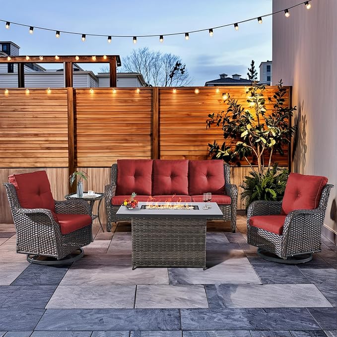 HUMMUH Patio Furniture Set with Fire Pit Table 5-Piece Wicker Outdoor Swivel Rocker Patio Chairs High Back Outdoor Couch Conversation Set for Porch, Backyard, Deck