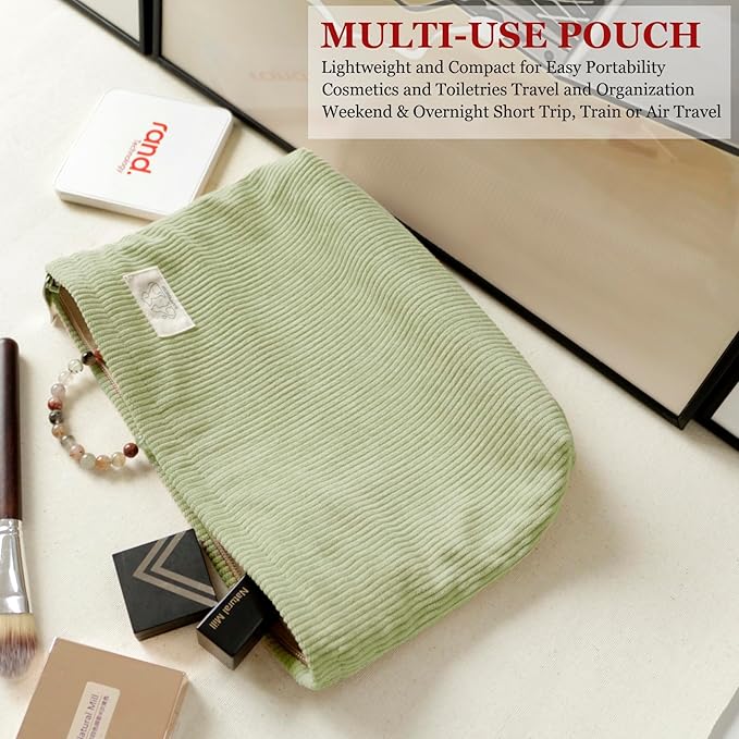 HAPPYHEIDI Fresh Green Corduroy Makeup Bag Cosmetic Toiletry Travel Pouch, Make Up Accessory Purse Organizer, Canvas Lined