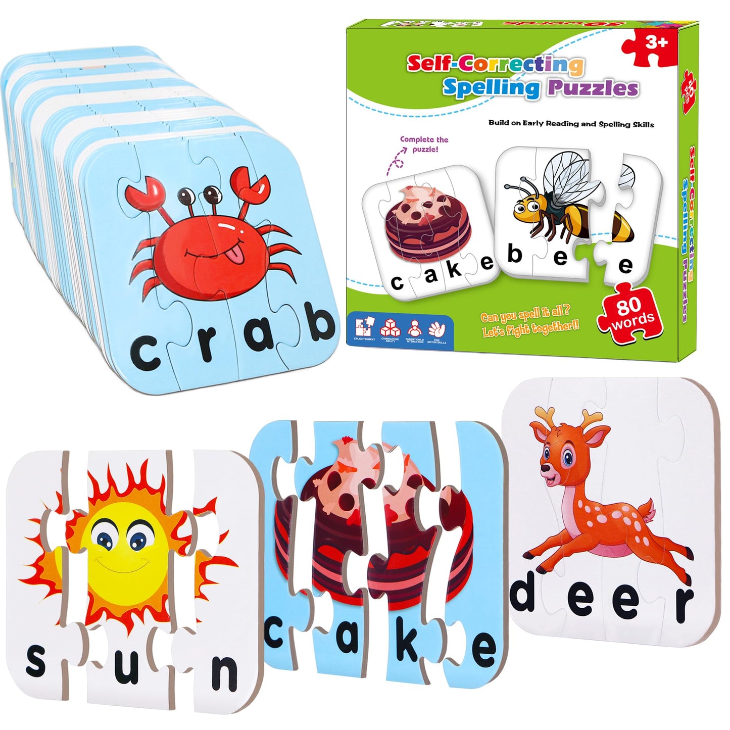 80 Words Self-Correcting Spelling Puzzles, Double-Sided Three and Four Letter Words with Matching Images, Perfect for Kids Age 3+ Year Old