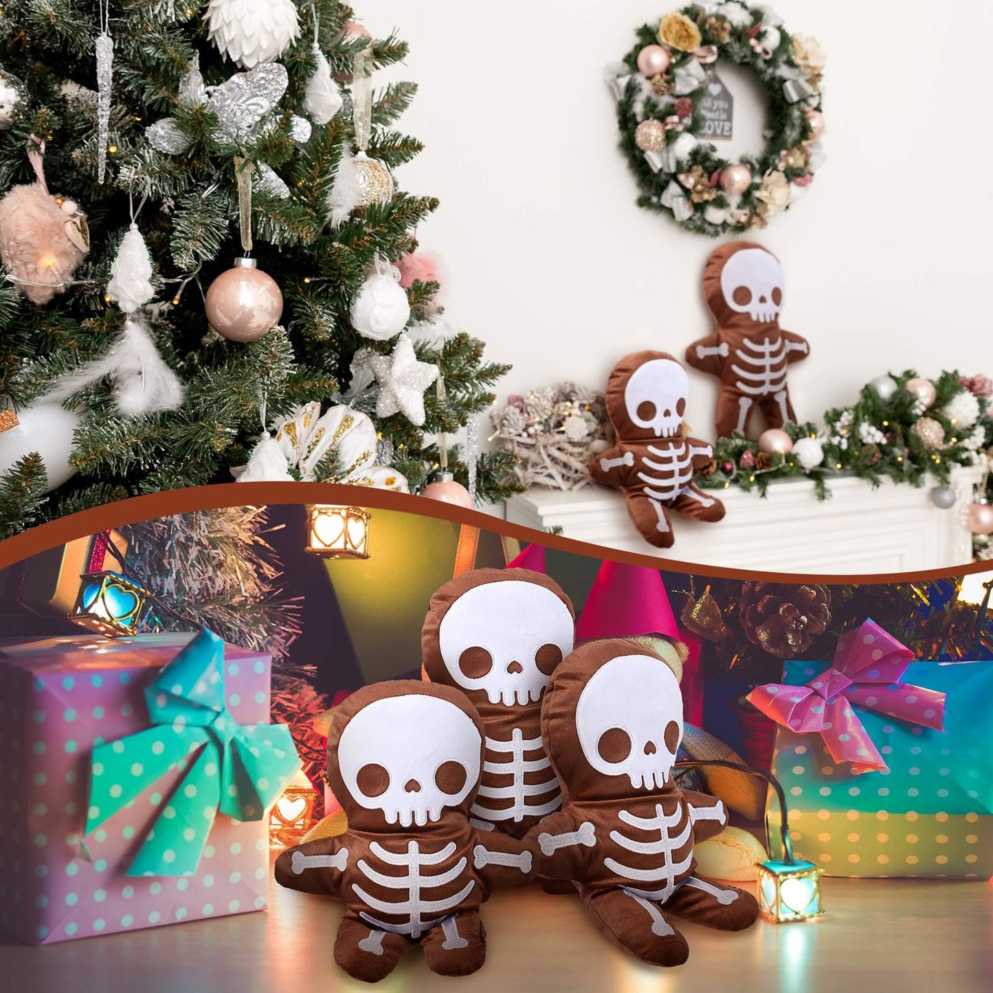 3 Pcs Skeleton Gingerbread Man Gothic Horror Throw Pillows - Creepy Stuffed Plush Spooky Sofa Cushion Decor for Christmas & Halloween