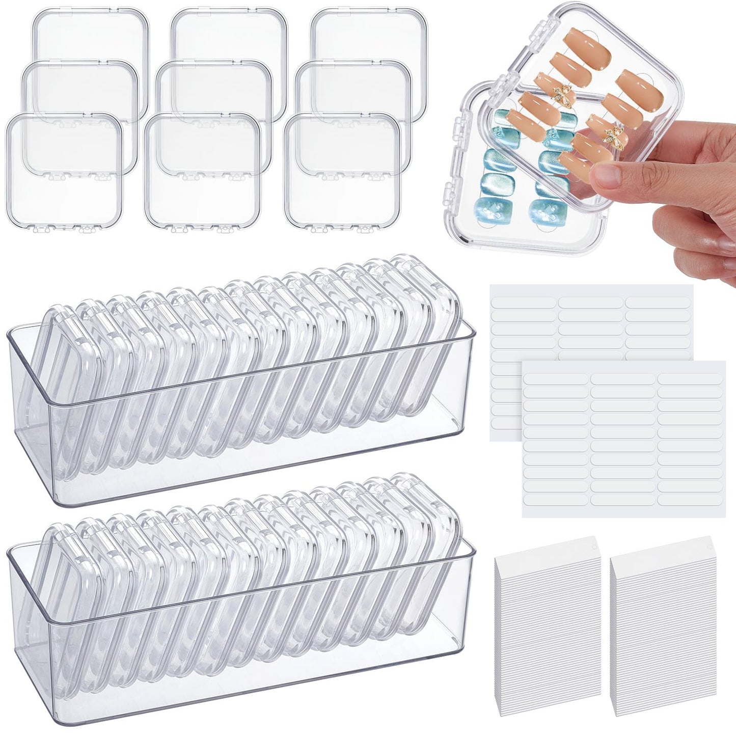 twinklemon 26PCS Press on Nail Storage Box with 2 Big Storage Boxes 60 Adhesive Double Sided Tape 100 Acrylic Nail Display Board Plastic Nail Display Box Fake Nail Case Clear Nail Packaging Boxes