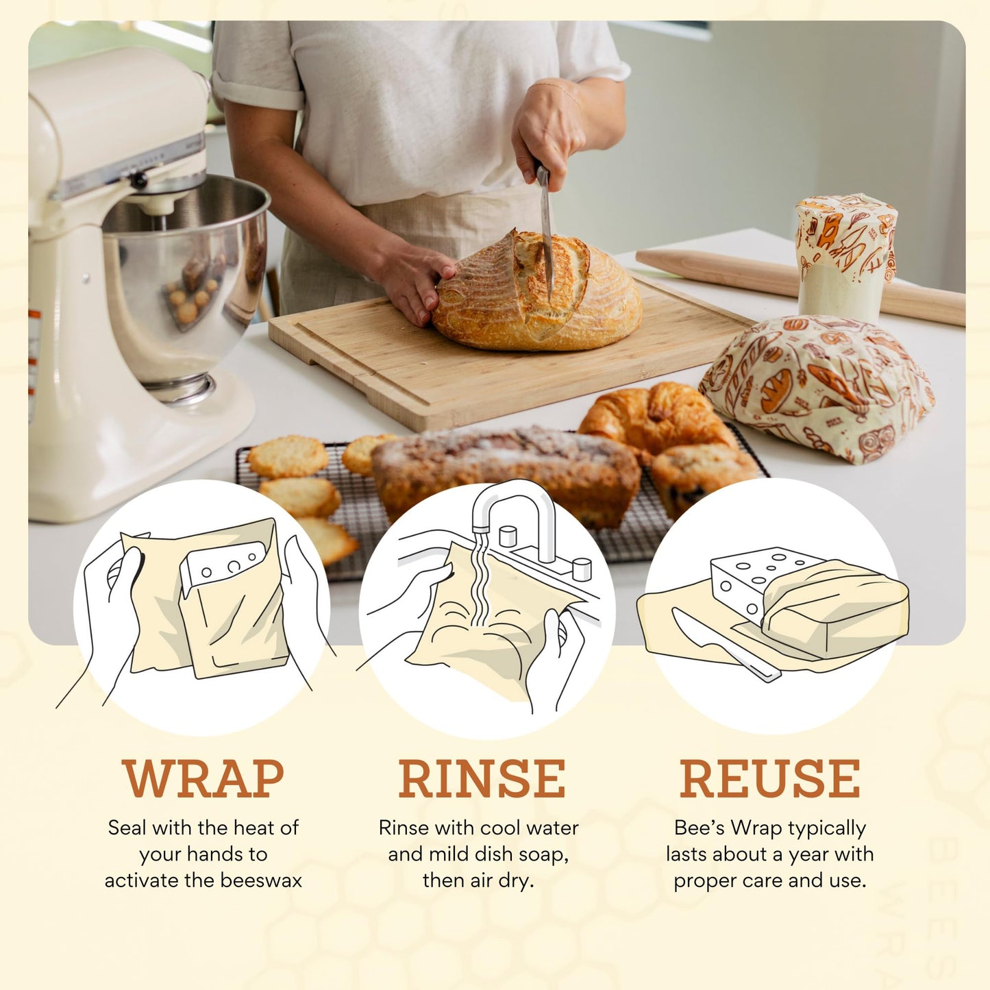 Bee's Wrap Beeswax Wraps for Food - Cut to Size 14x52" Beeswax Wrap Roll - Plastic Free Made in USA Reusable Natural Food Wrap - Bakery Lane