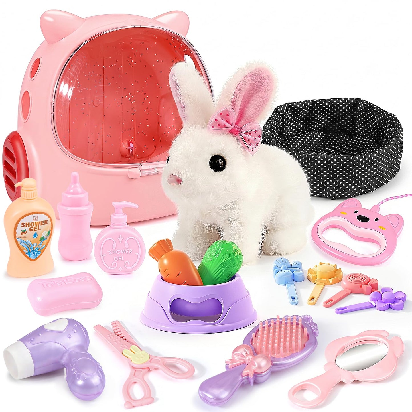 Eohemeral 23 Pcs Hopping Bunny Toy for Kids 3-5 5-7, Electronic Interactive Rabbit with Backpack, Wiggling Ears Squeaking Plush Pet, Pretend Play Easter Birthday Gifts for Girls 4 6 8 Year Old