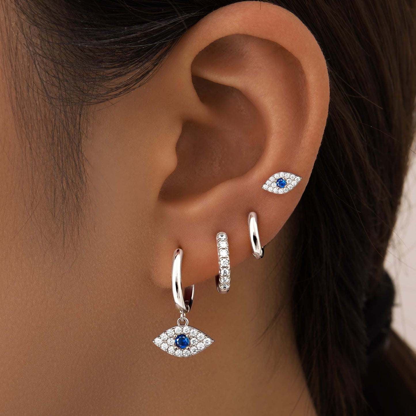 Evil Eye Earrings Set for Women, Silver Evil Eye Dangle Stud Hoop Earring Set for Multiple Piercing, Dainty Earrings for Everyday Wear Protection Jewelry