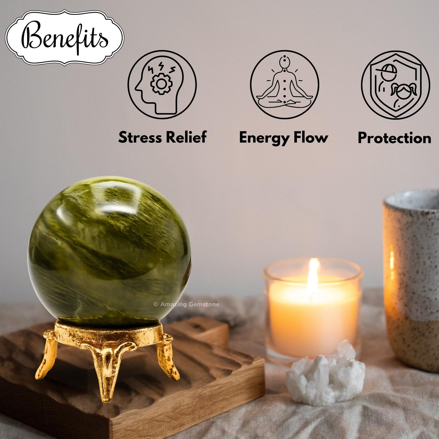 Amazing Gemstone Vesuvianite Crystal Ball with Stand - 2 Inches Crystal Sphere Meditation Balls for Witchcraft and Decorative Balls