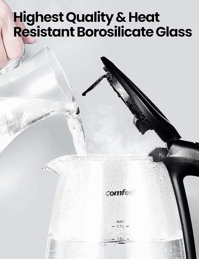 COMFEE' Glass Electric Tea Kettle & Hot Water Kettle Electric, 1.7L Electric Kettle with LED Indicator, 1500W Fast Boil, Auto Shut-Off and Boil-Dry Protection