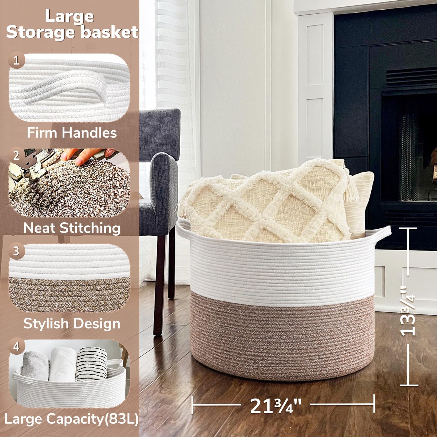 Goodpick Large Storage Basket, 83L Dorm Room Essentials, Blanket Woven Rope Basket for Living Room, Baby Blanket Storage, 21.7 x 13.8 inches