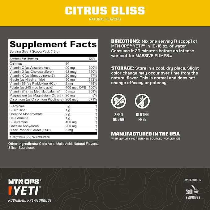 MTN OPS Yeti Pre-Workout Powder Energy Drink with Creatine, 200mg Caffeine & BCAAs with Beta Alanine, 30-Serving Tub, Citrus Bliss