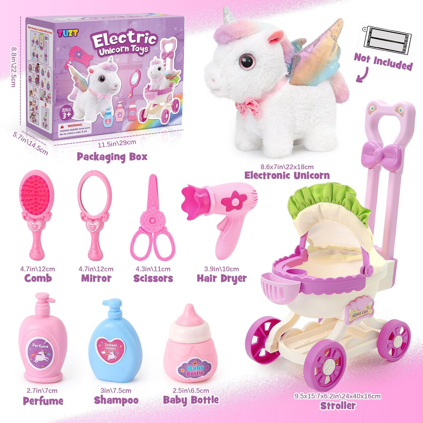 TUZT Girl Interactive Walking Unicorn Stroller Toy Set with Plush Electric Unicorn & Groom Care Accessories, Pretend Play Christmas Birthday Gift Toddler 3 4 5 6 Years, Unicorn Toys for Girls 4-6