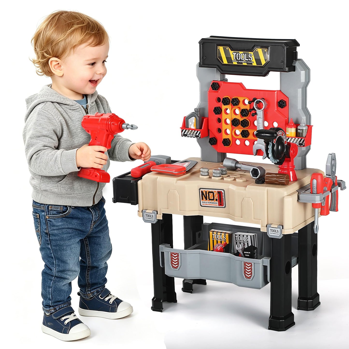 Kids Tool Bench - Power Tools Workshop-Kids Workbench, 65 Pcs Realistic Toy Tools with Electronic Toy Drill, Gift for Boys & Girls Age 3-5, Khaki