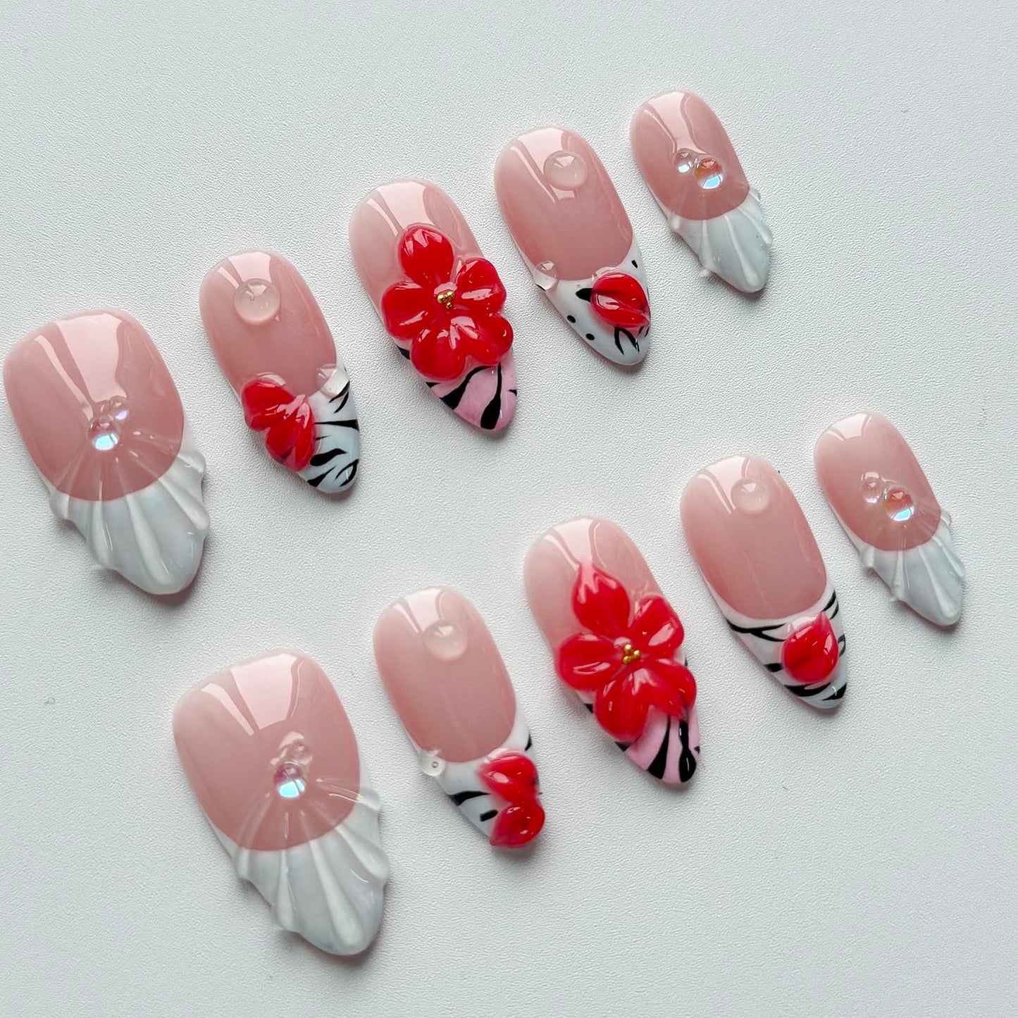 Luxury Press on Nails Medium Almond Handmade 3D Unique Reusable ABS Material Fake Nails White French Tip False Nails with Designs Water Drop Red Flower Glossy Glue on Nail Thick Acrylic Nail(M)