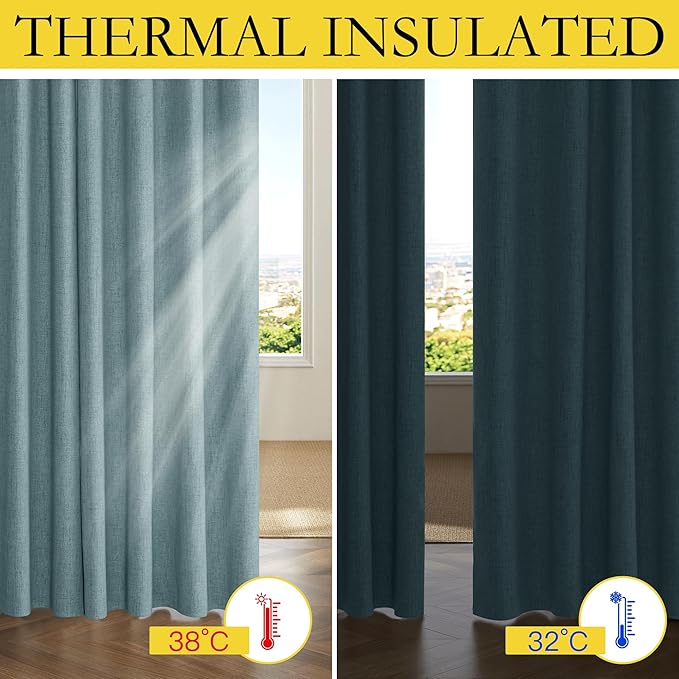 NICETOWN 100% Absolutely Blackout Linen Curtains with Thermal Insulated Liner, Skylark Blue, 62" Wide, 120" Length Energy Saving Curtains for Living Room 2 Panels Set, Vertical Blinds