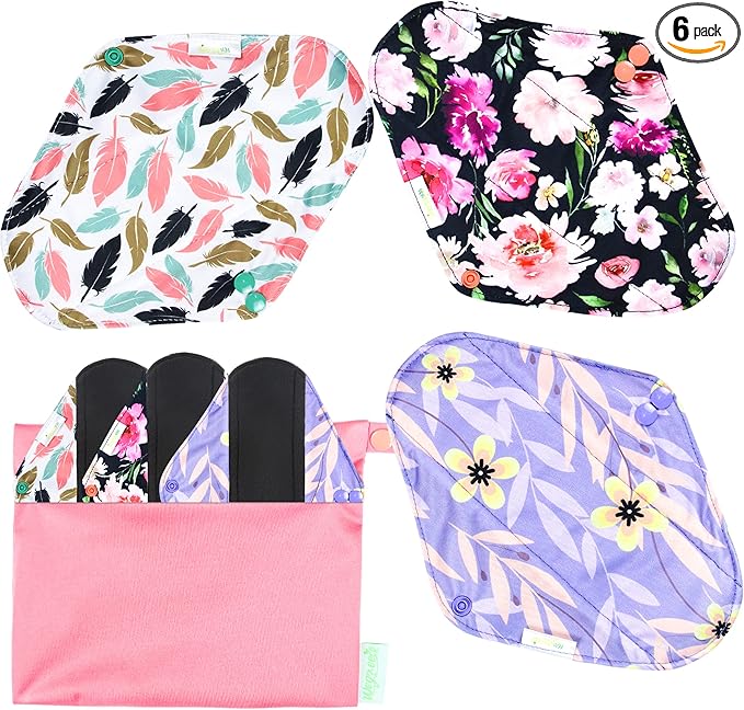 wegreeco Reusable Menstrual Pads - Reusable Sanitary Pads | Reusable Panty Liners | Soft Cloth Menstrual - 6 Pack with 1 Cloth Mini Wet Bag (Medium, Flower 02)