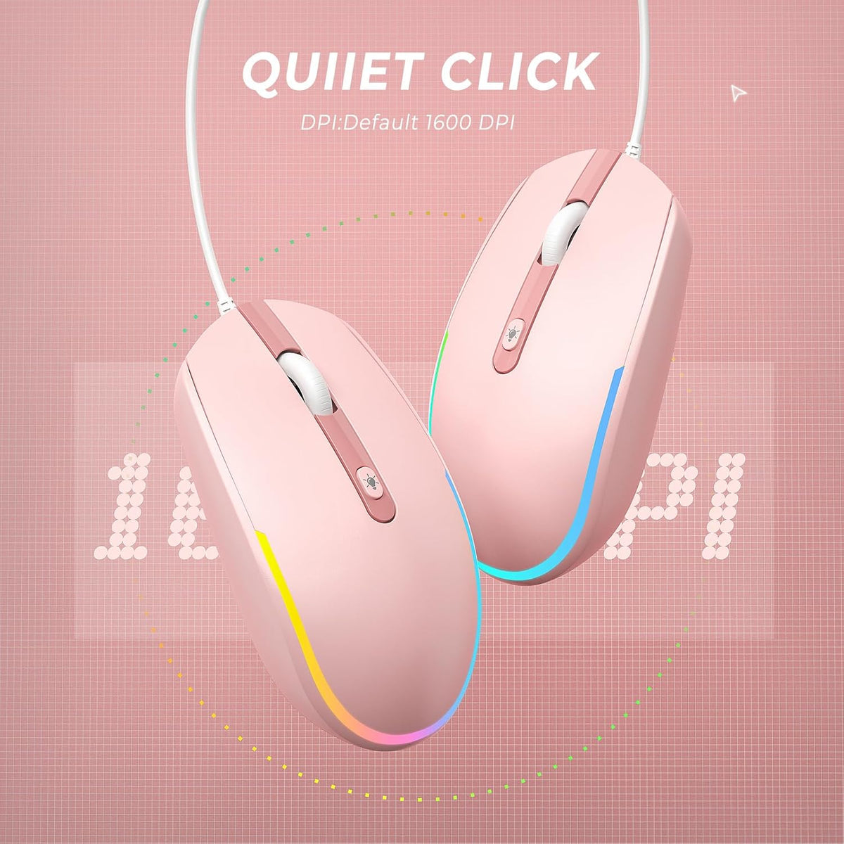 seenda Wired Mouse - USB Computer Mice Wired with RGB Backlit Optical LED Mouse with Attached USB Cord for Laptops Notebooks Chromebook - Pink