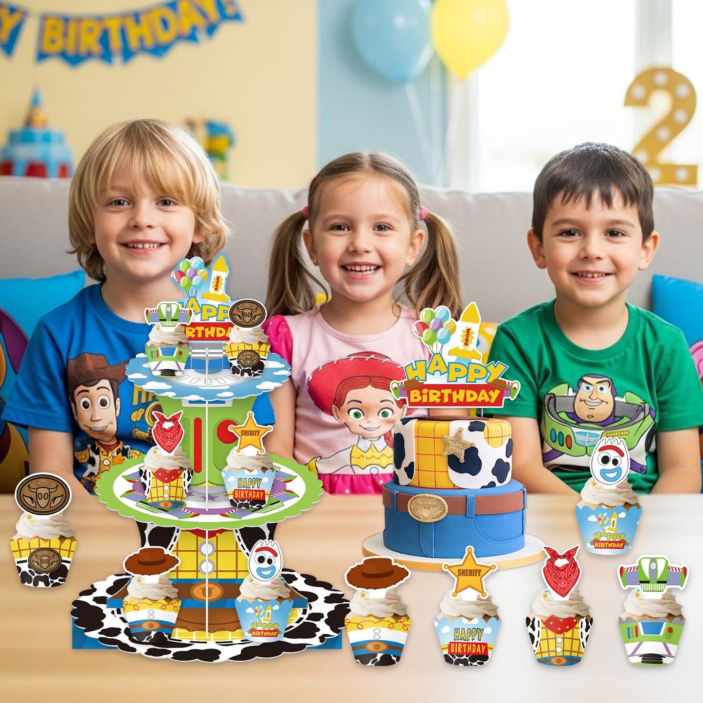 26Pcs Cartoon Story Birthday Party Decorations Including Cake Stand Cupcake Wrappers Cupcake Topper Cake Topper
