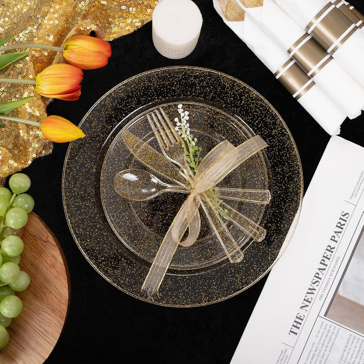 DaYammi 210PCS Gold Glitter Plastic Dinnerware Set for 30 Guests, Fancy Disposable Plates for Party, Include: 30 Dinner Plates, 30 Dessert Plates, 30 Pre Rolled Napkins with Gold Silverware, 30 Cups