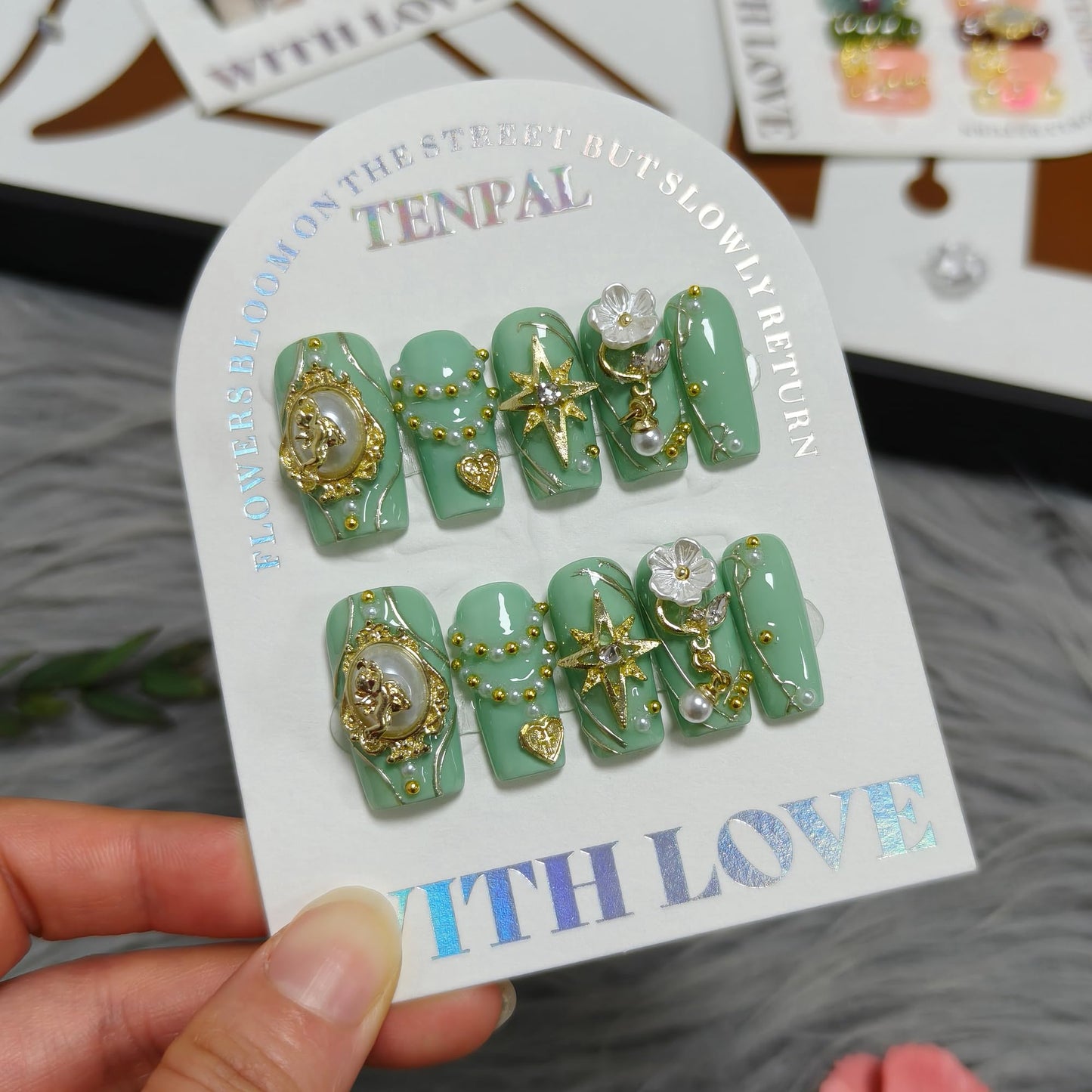 TENPAL Handmade Press on Nails Medium Square,Green Gold Gothic Angel Sweet Sexy Glitter Fake Nails Reusable Daily Wear Salon Acrylic False Nails for Women Girls 10PCS(L)