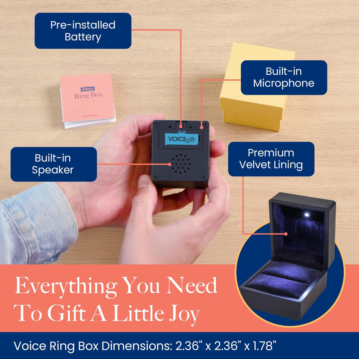VOICEGIFT Ring Box Recordable Ring Box with LED Light, 60-Second Voice Recorder, Velvet Jewelry Gift Box for Proposal, Engagement, and Keepsake | Midnight Blue