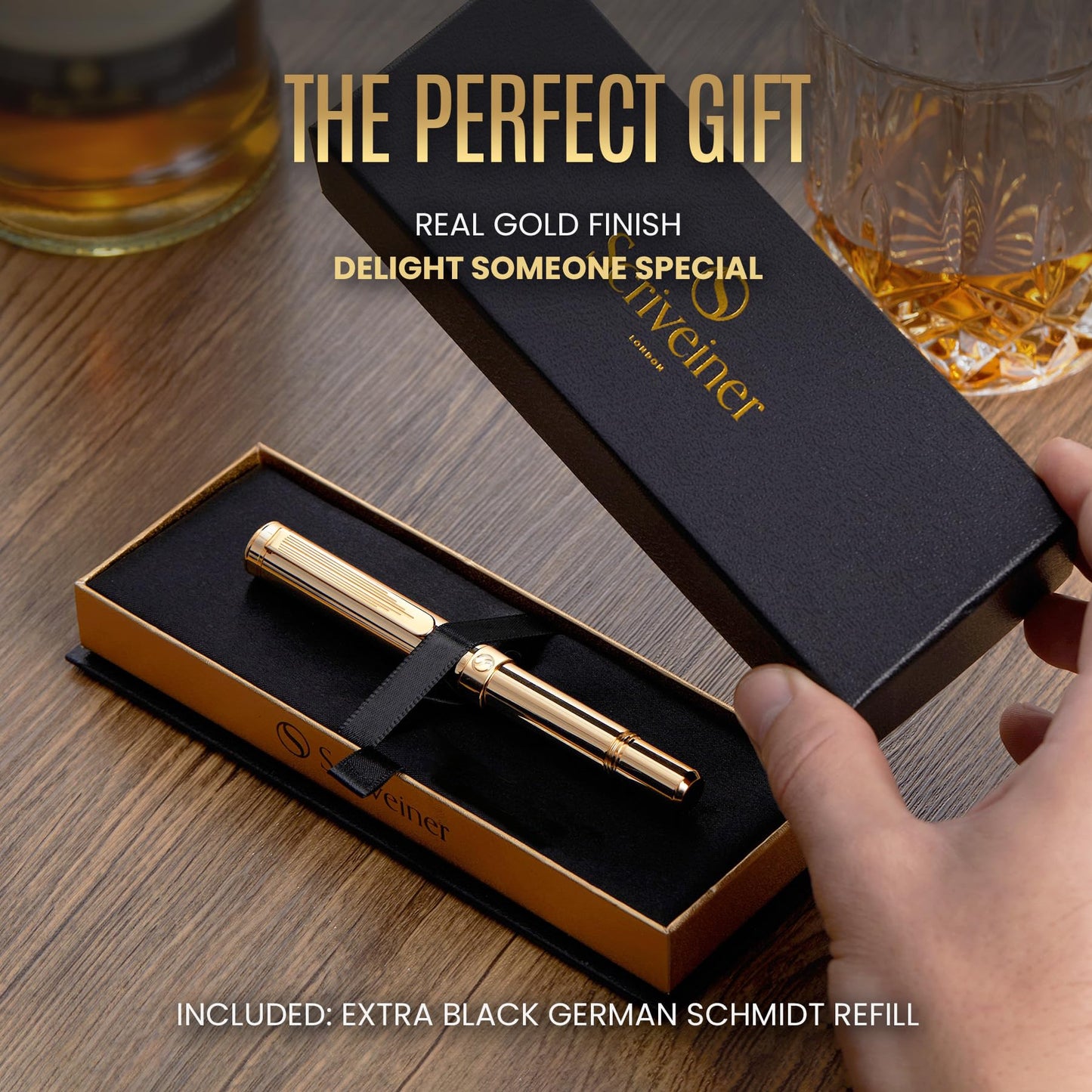 Scriveiner Heavy Gold Rollerball Pen, Award Winning Luxury Pocket Pen with gold plating Finish, German Schmidt Refill, Best EDC Writing Gift Set for Men & Women, Nice Fancy