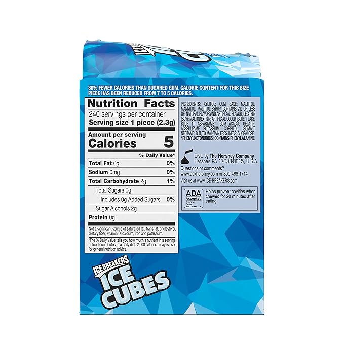 ICE BREAKERS Ice Cubes Peppermint Sugar Free Chewing Gum Bottles, 3.24 oz (6 Count, 40 Pieces) (Pack of 2)