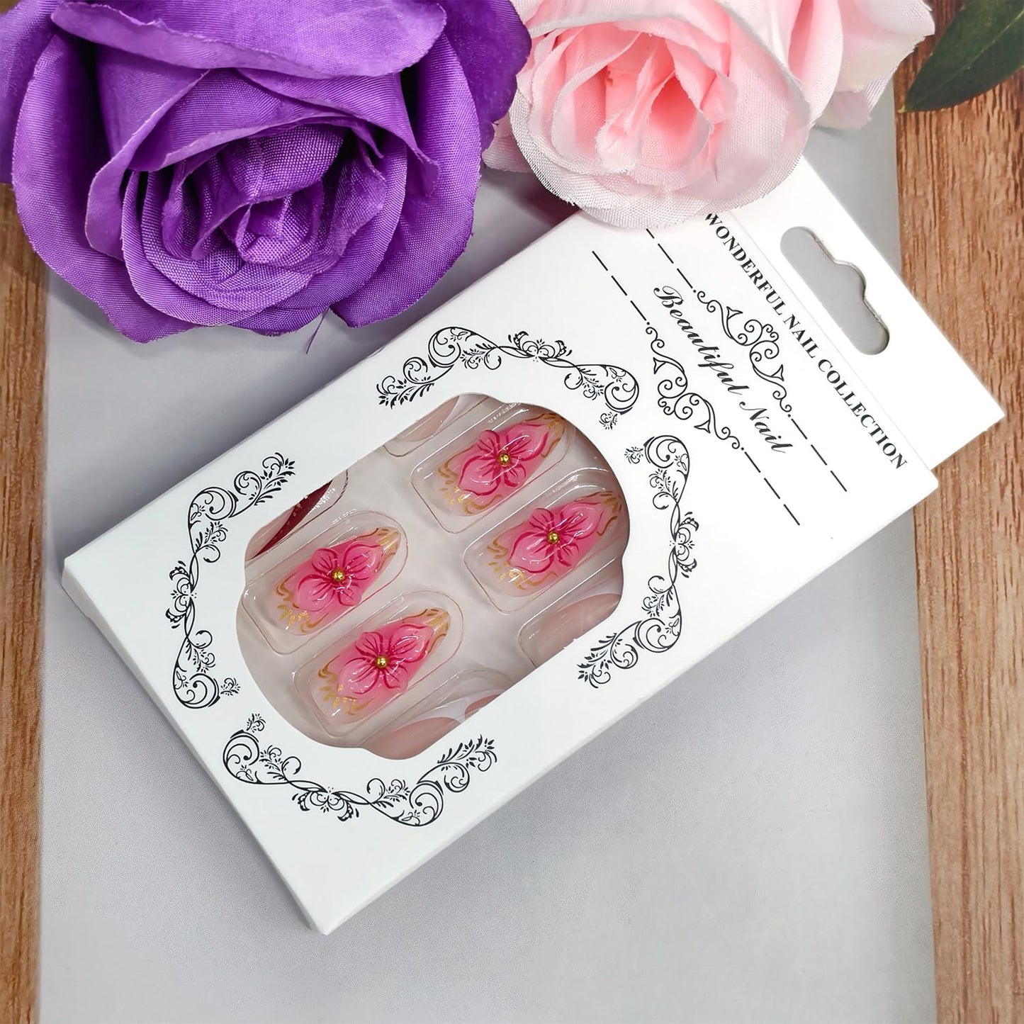 Flower Press on Nails Medium Almond Artificial Acrylic French Fake Nails 3D Floral Leopard Print with Gold Beads Spring Glossy Design Stick on Nail Glossy Artificial Fingernails for Women Manicure