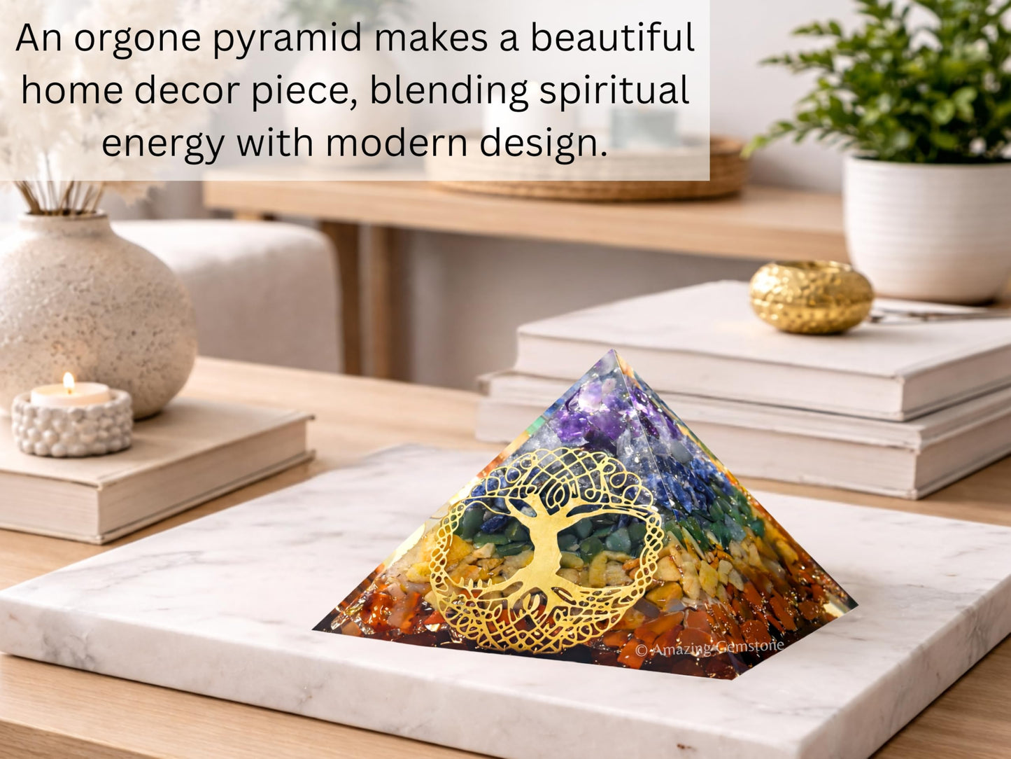 Amazing Gemstone Large Orgone Pyramid | Natural Chakra Pyramid Crystal | Tree of Life Orgonite Pyramid | Organ Pyramids Positive Energy Healing