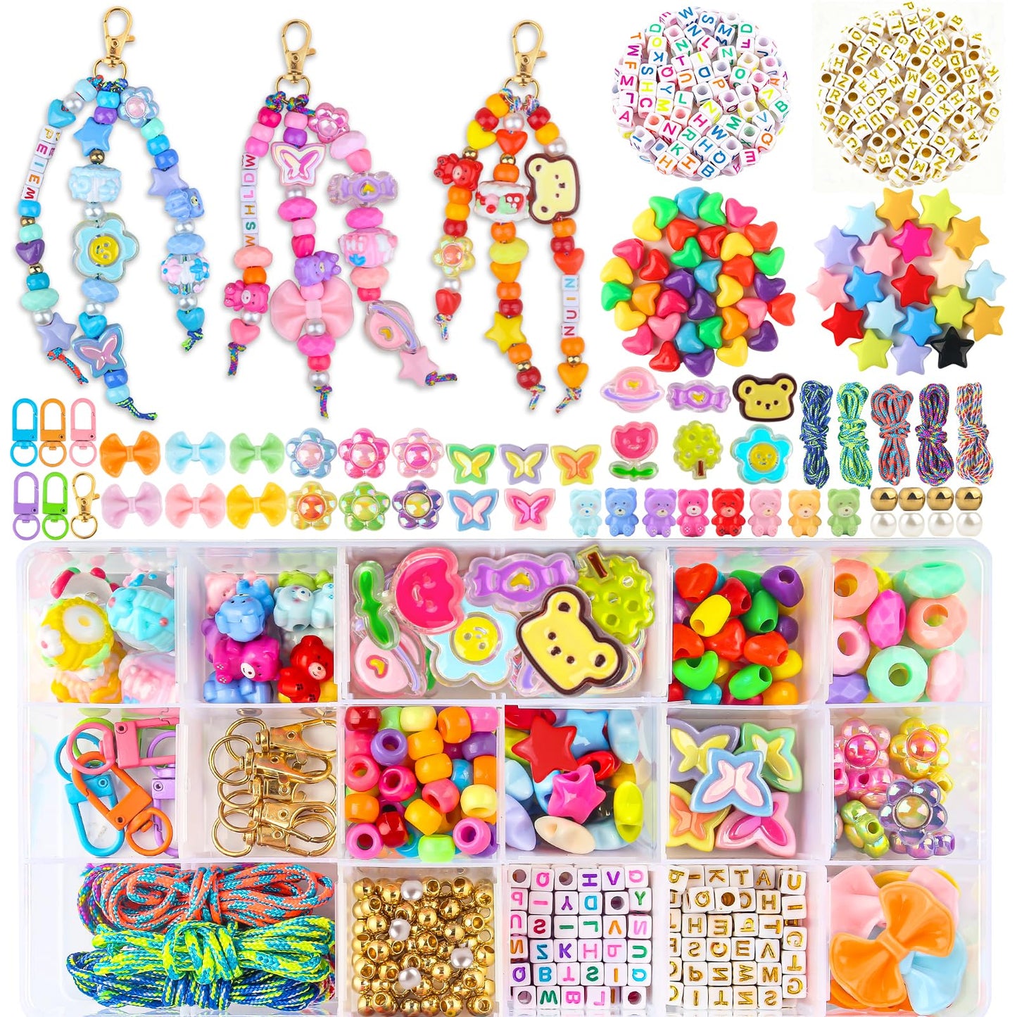 Ecoofor 487 PCS Beaded Keychain Making Kit, Acrylic Letter Beads with Heart, Star & Flower Charms for DIY Jewelry, Bag Accessories & Crafts for Women